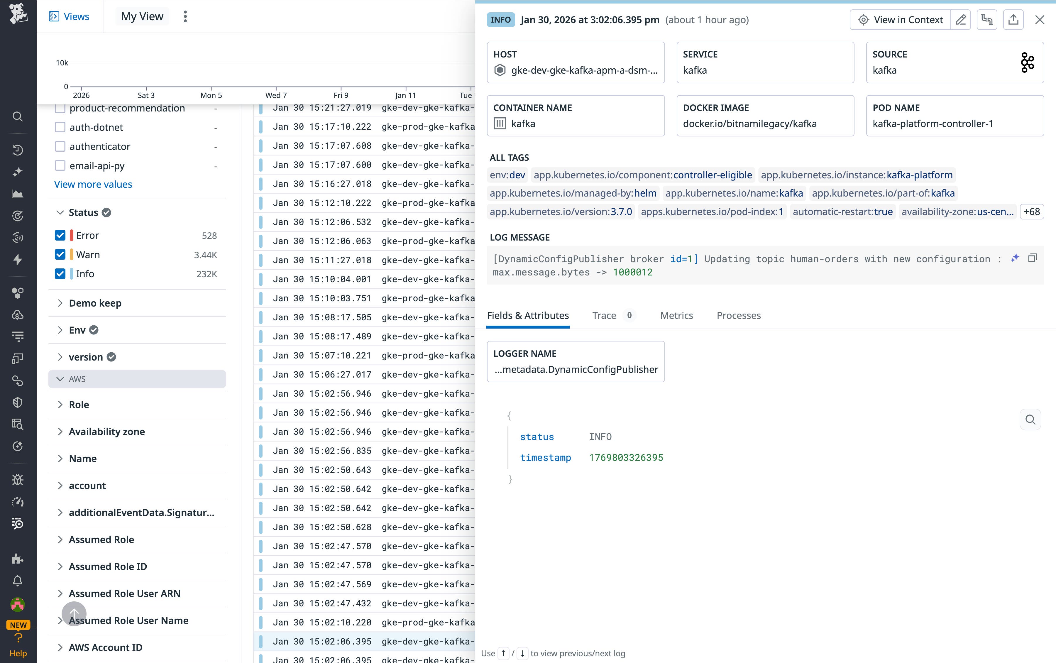 A Kafka log stream in the Log Explorer. A Kafka log stream in the Log Explorer.