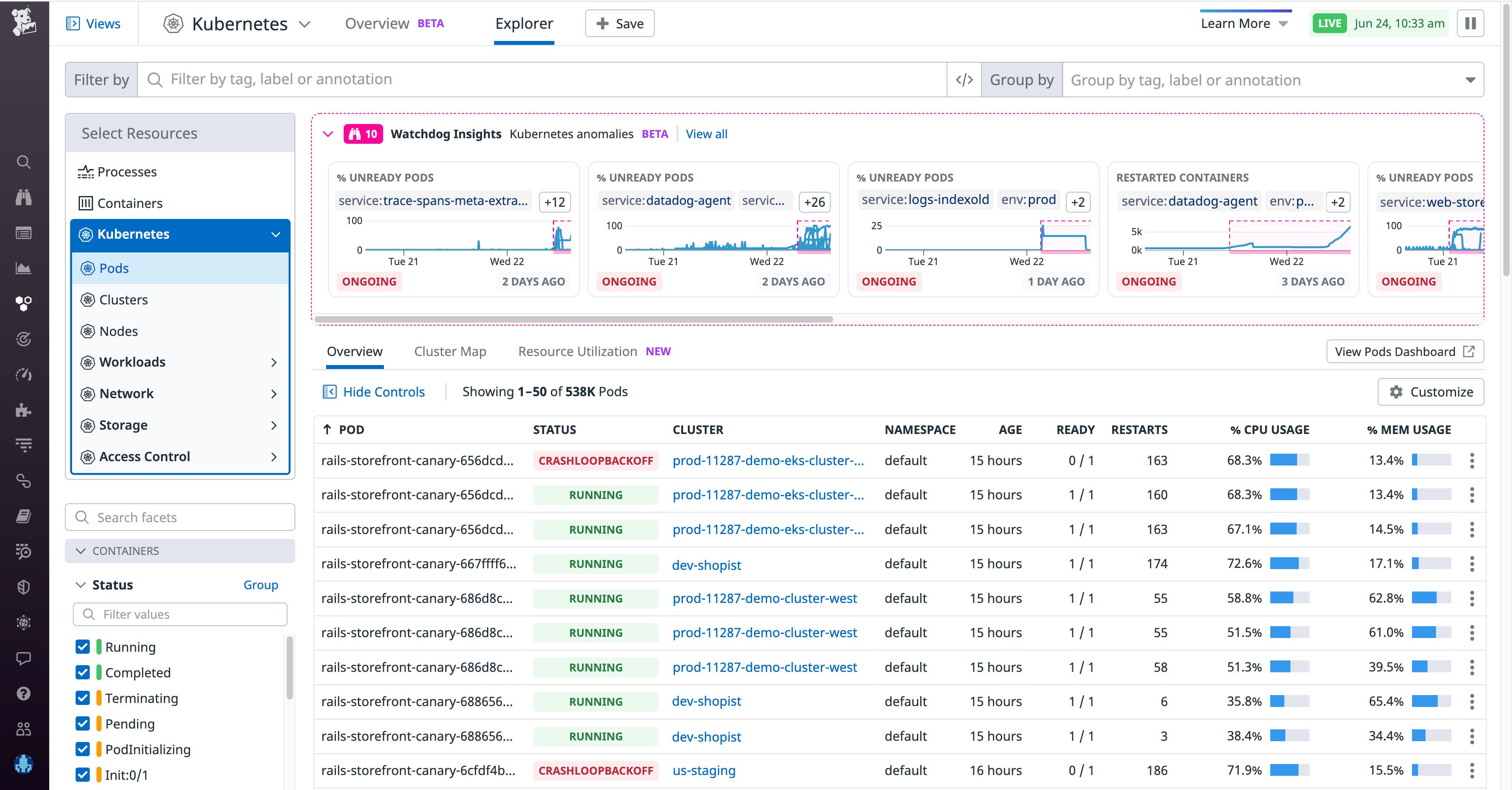 View a carousel of anomalies from Watchdog in the Live Containers view View a carousel of anomalies from Watchdog in the Live Containers view