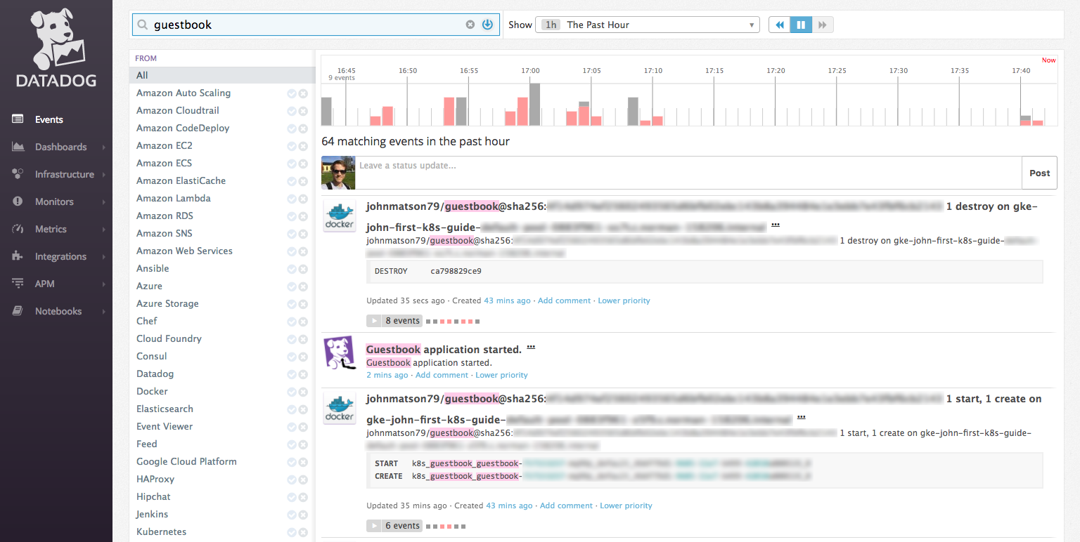 Custom event from the guestbook app in the Datadog event stream