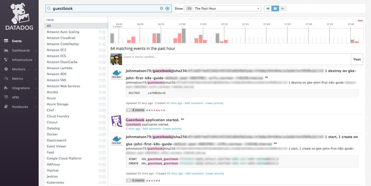 Custom event from the guestbook app in the Datadog event stream Custom event from the guestbook app in the Datadog event stream