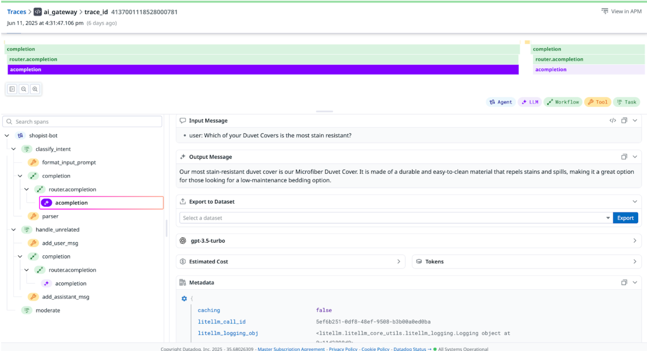 Screenshot of LiteLLM trace in Datadog LLM Observability
