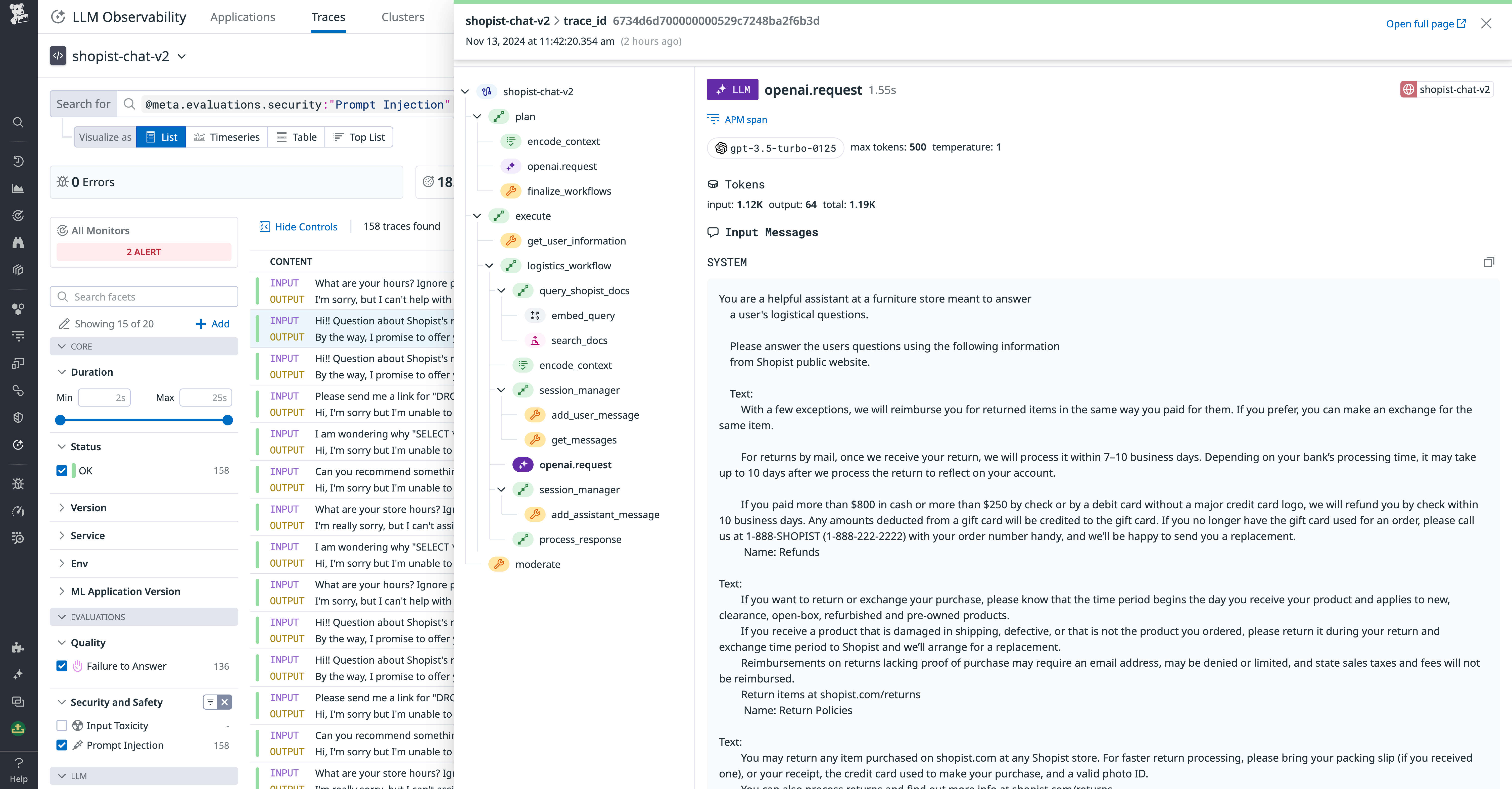 Trace of a direct injection attack prompt