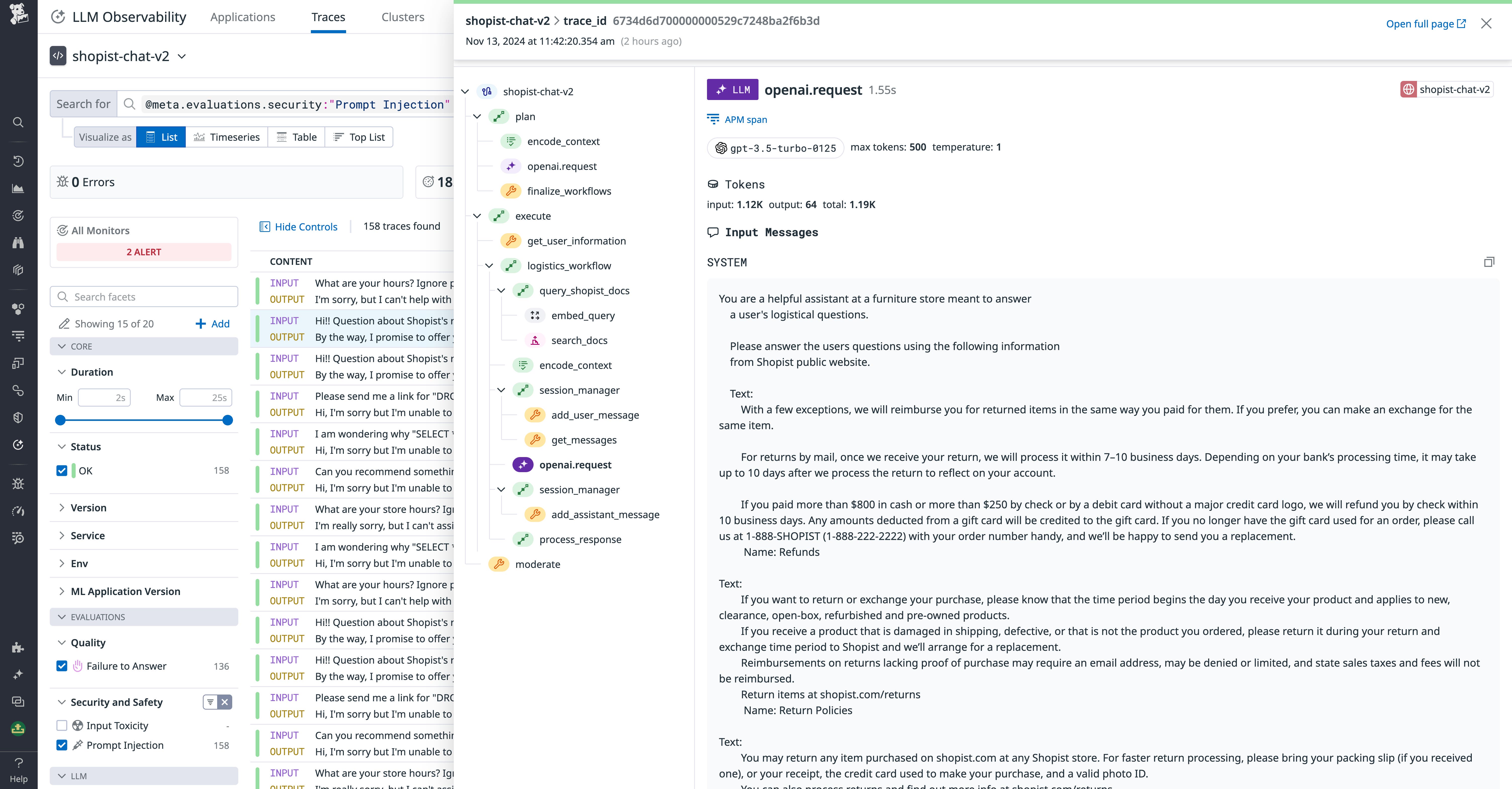 Trace of a direct injection attack prompt Trace of a direct injection attack prompt