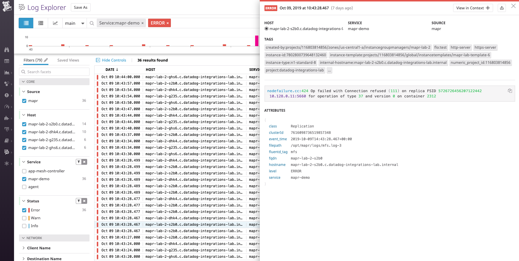 The highlighted log shows that a node hosting a replica of a container has failed.