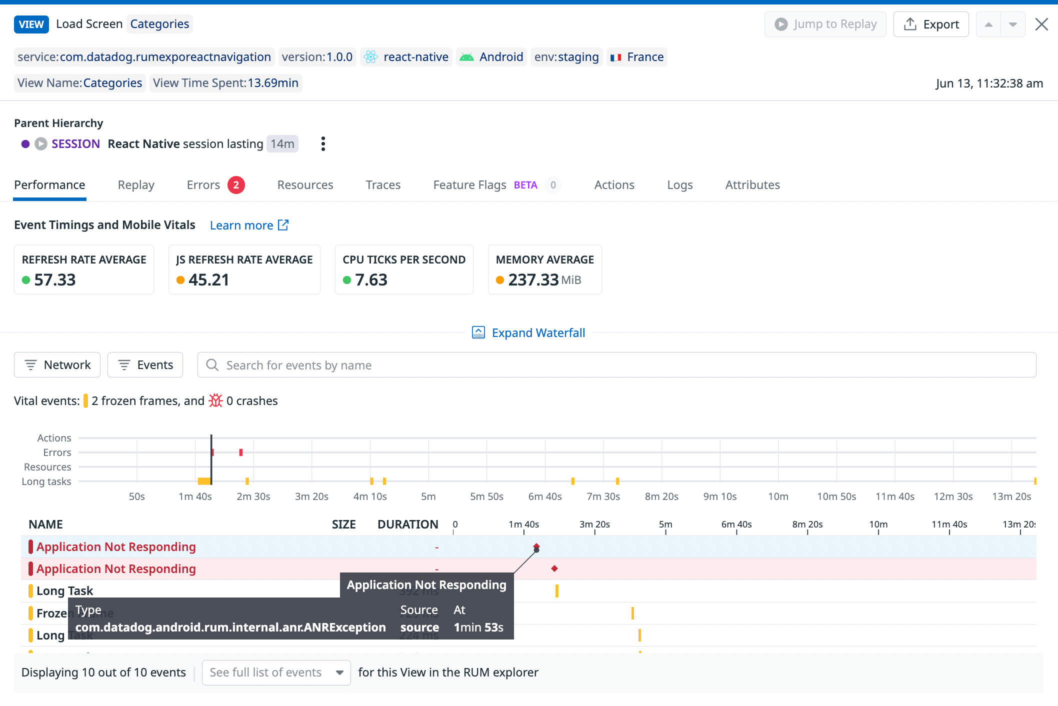ANR message displayed as an error in the RUM side panel for a specific view.