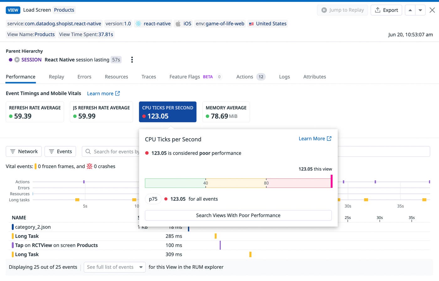 A Datadog RUM view showing poor CPU consumption. A Datadog RUM view showing poor CPU consumption.