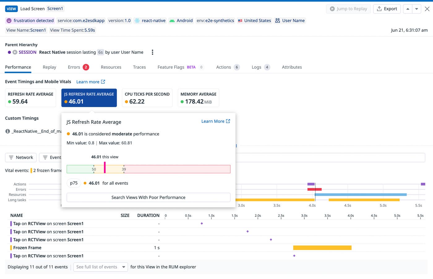 A visualization of JS slow rendering for a single RUM view. A visualization of JS slow rendering for a single RUM view.