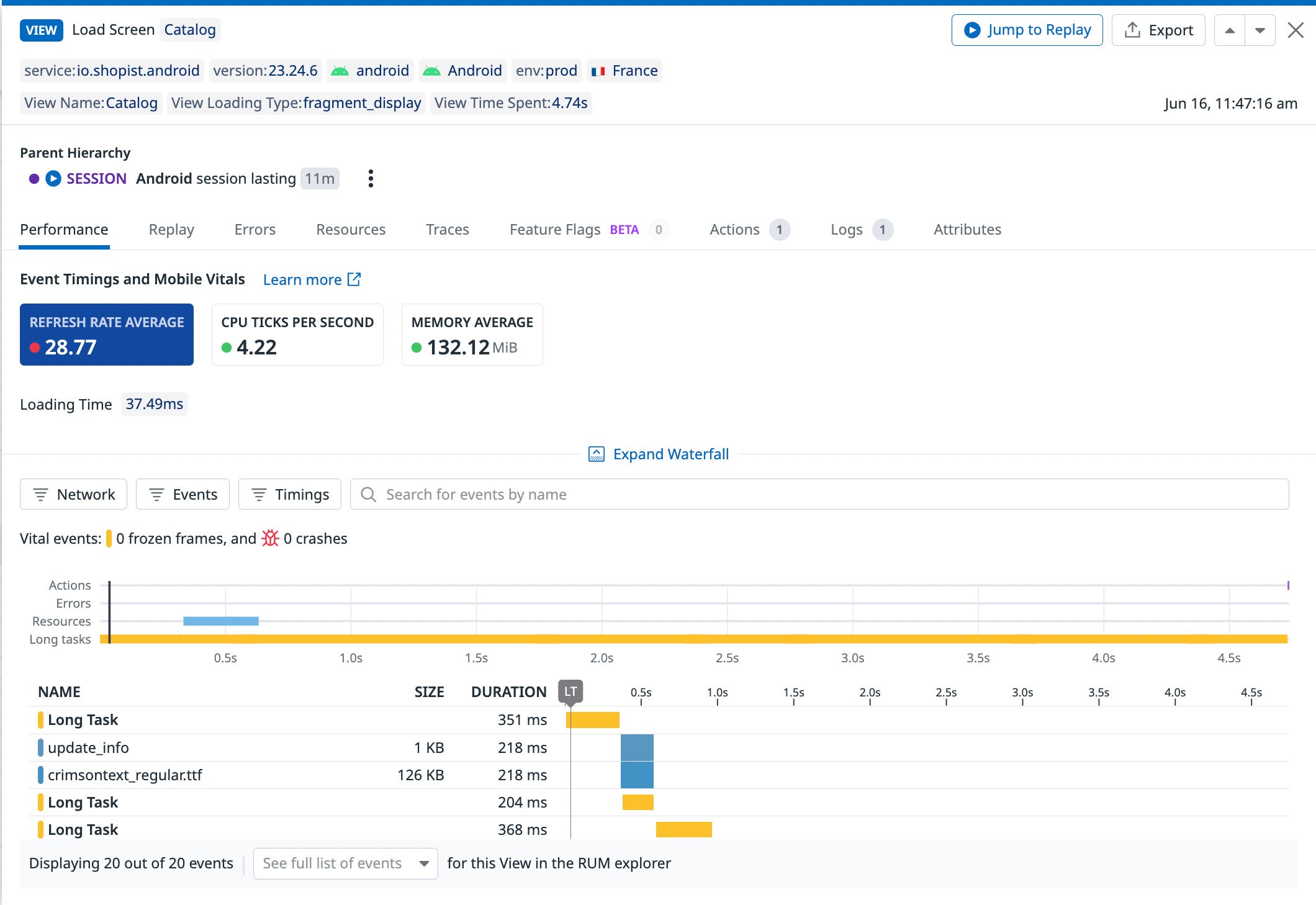 A visualization of slow rendering for a single RUM view. A visualization of slow rendering for a single RUM view.
