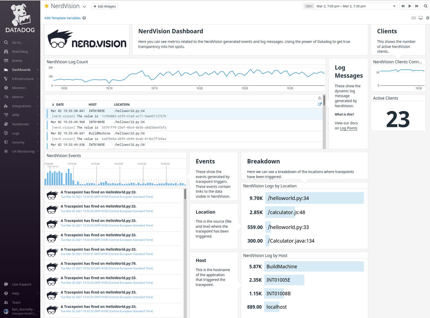 View NerdVision tracepoints, logs, and connected client count on an out-of-the-box dashboard. View NerdVision tracepoints, logs, and connected client count on an out-of-the-box dashboard.