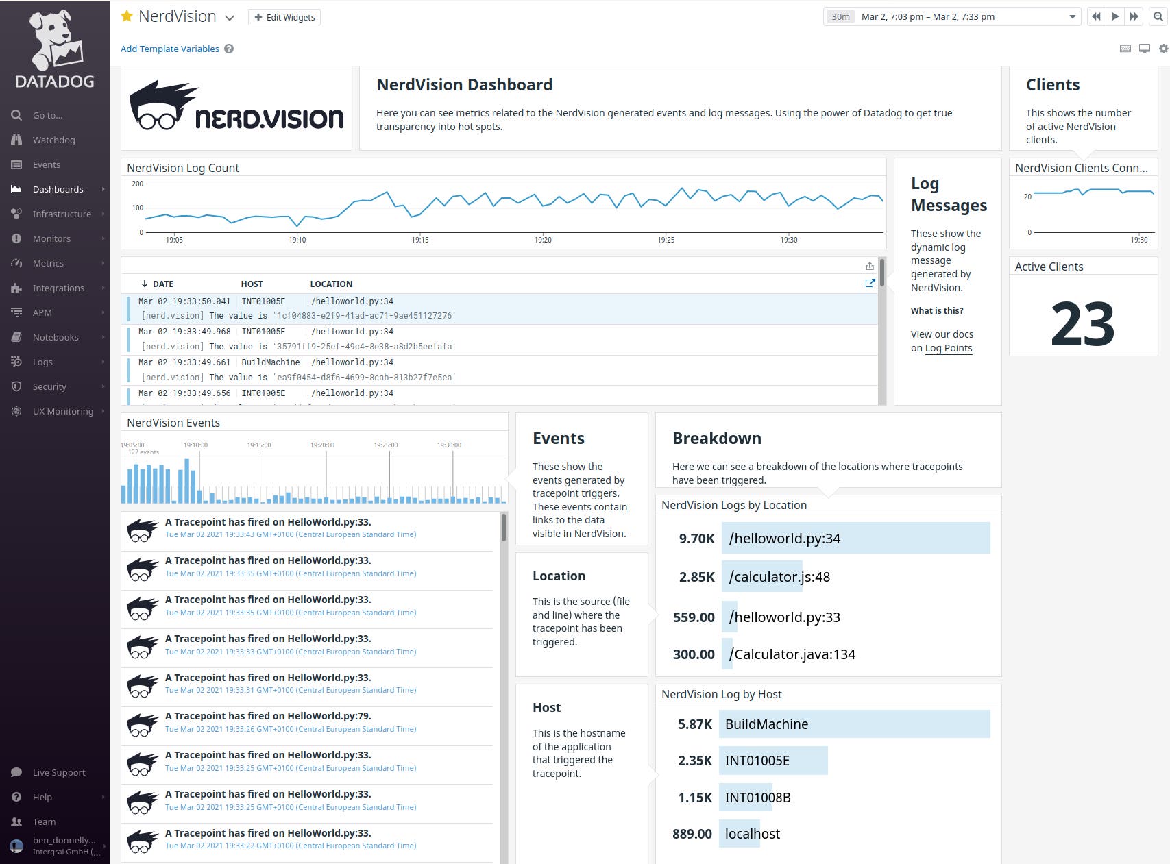 View NerdVision tracepoints, logs, and connected client count on an out-of-the-box dashboard. View NerdVision tracepoints, logs, and connected client count on an out-of-the-box dashboard.
