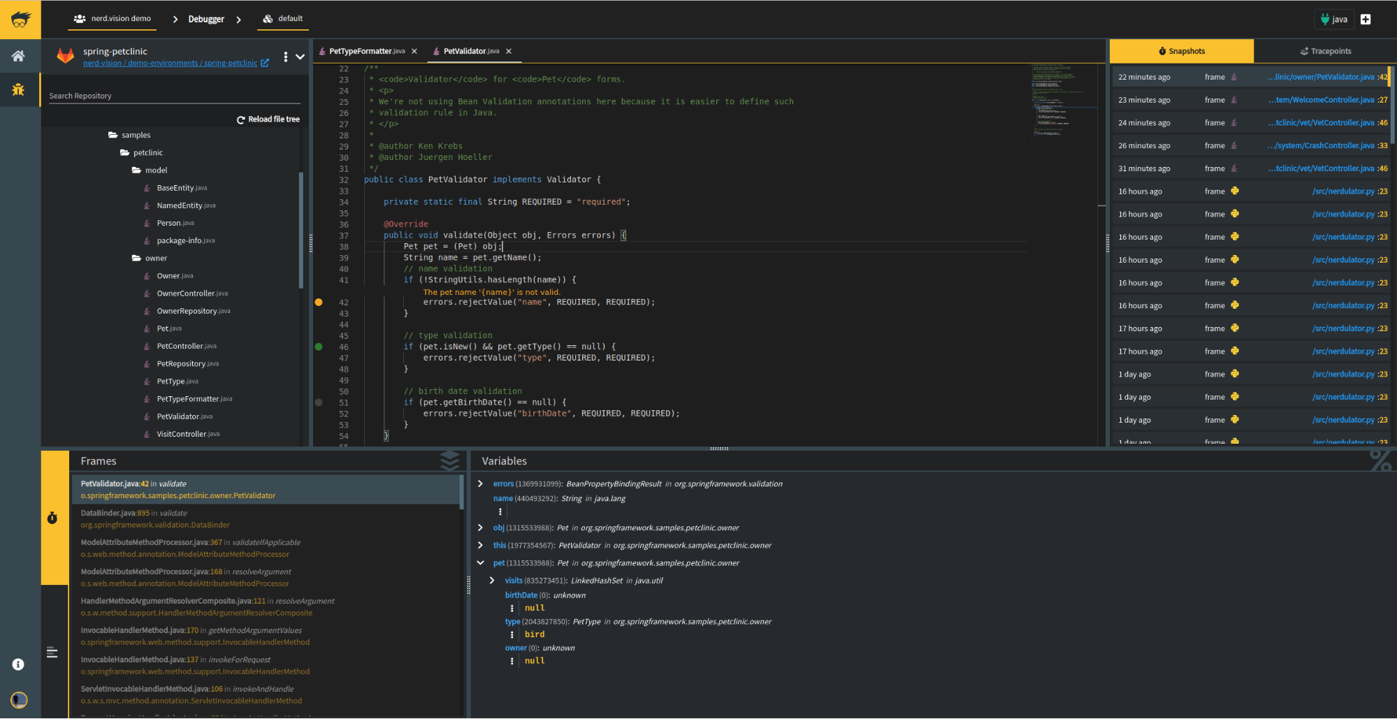 NerdVision tracepoints capture the scope variables and stack trace without disrupting execution.