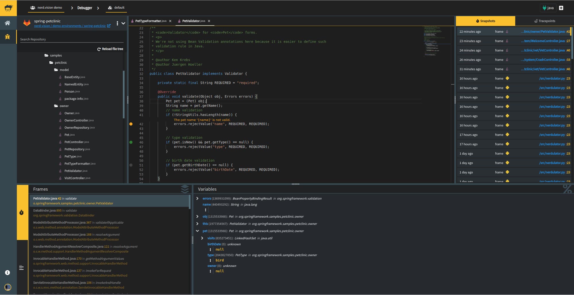 NerdVision tracepoints capture the scope variables and stack trace without disrupting execution. NerdVision tracepoints capture the scope variables and stack trace without disrupting execution.