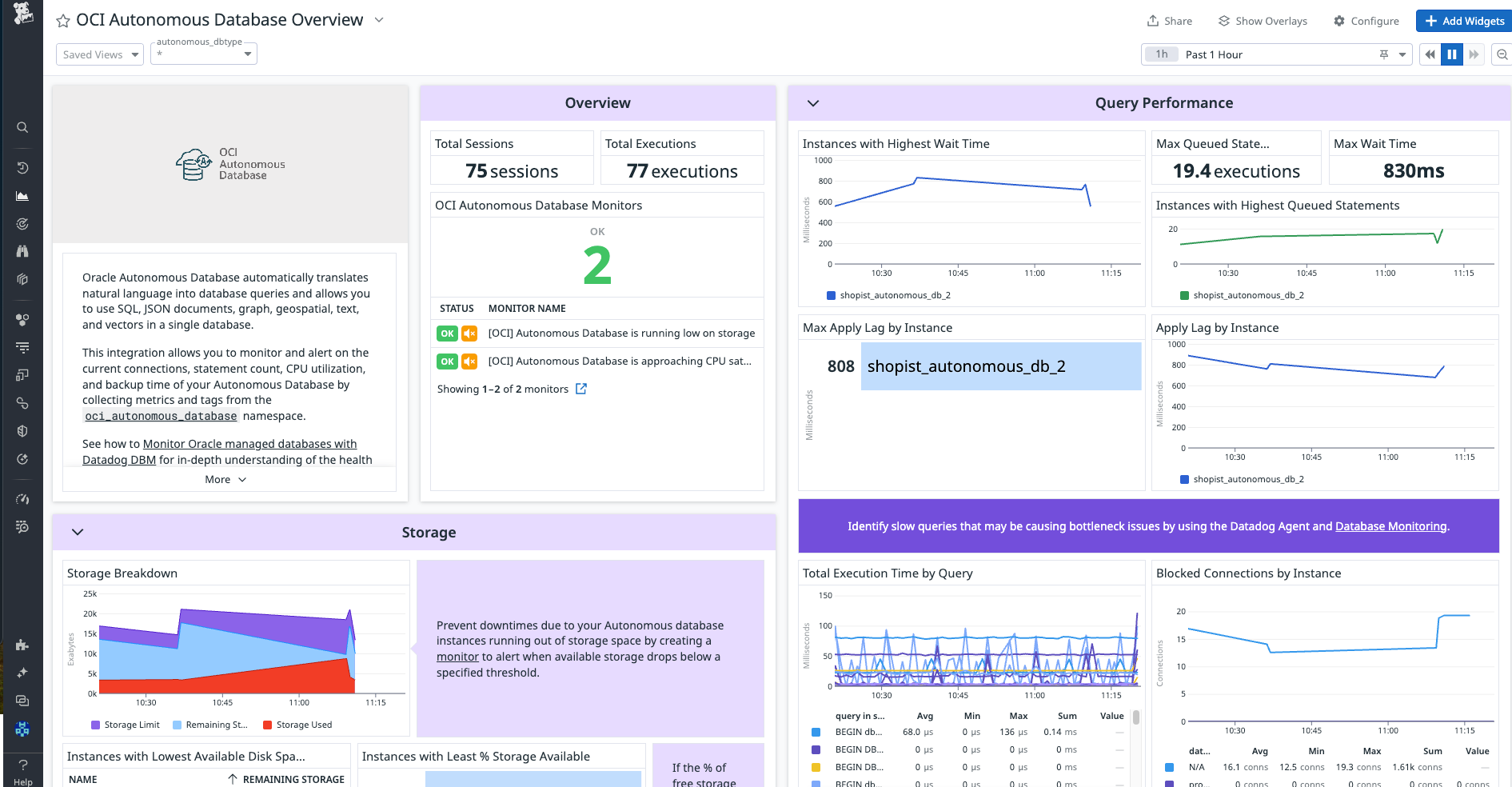 Gain detailed insights into your OCI Autonomous DB instances' query performance, execution time, and storage.