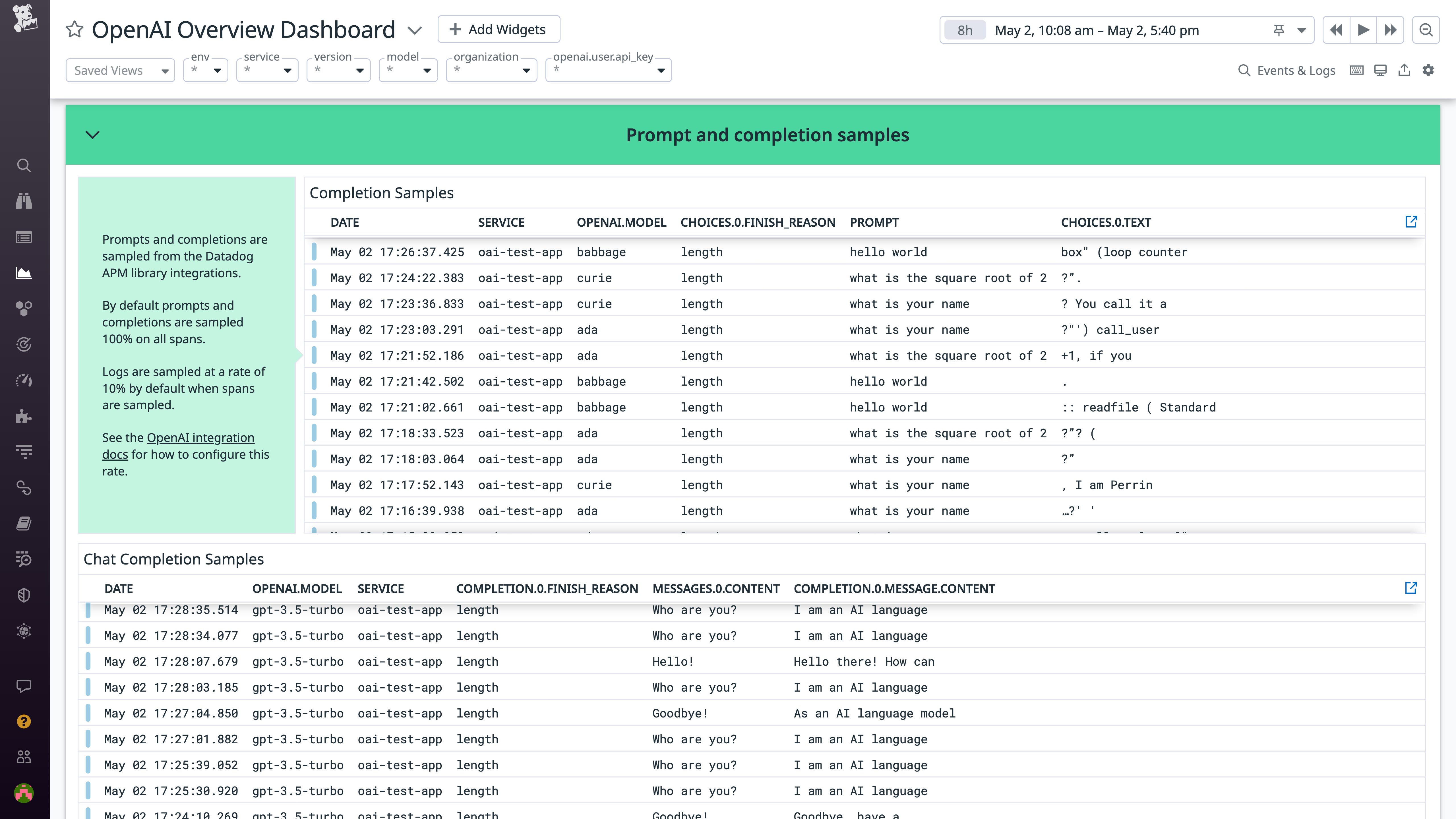 ログ収集を可能にすることで、OpenAI のプロンプトとコンプリートをきめ細かく可視化します ログ収集を可能にすることで、OpenAI のプロンプトとコンプリートをきめ細かく可視化します