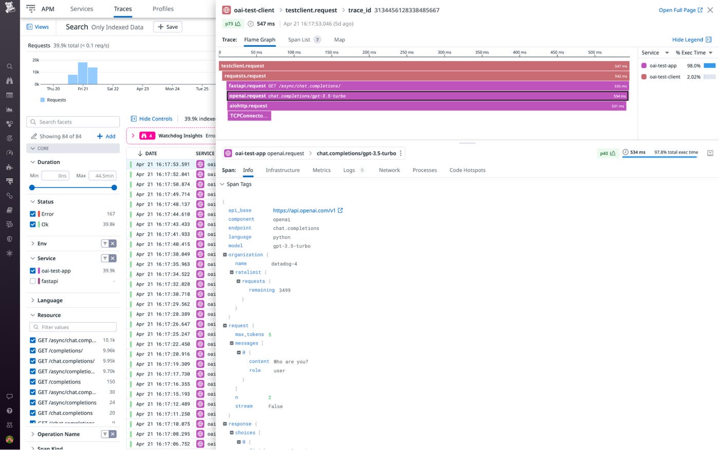 Traces provide granular visibility into individual OpenAI requests Traces provide granular visibility into individual OpenAI requests