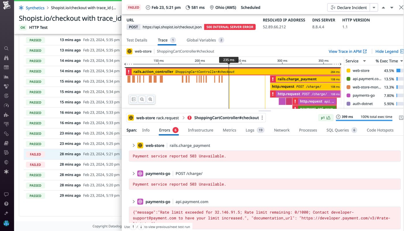 Correlate spans from OTel-instrumented services in Datadog RUM, Synthetics, and more. Correlate spans from OTel-instrumented services in Datadog RUM, Synthetics, and more.
