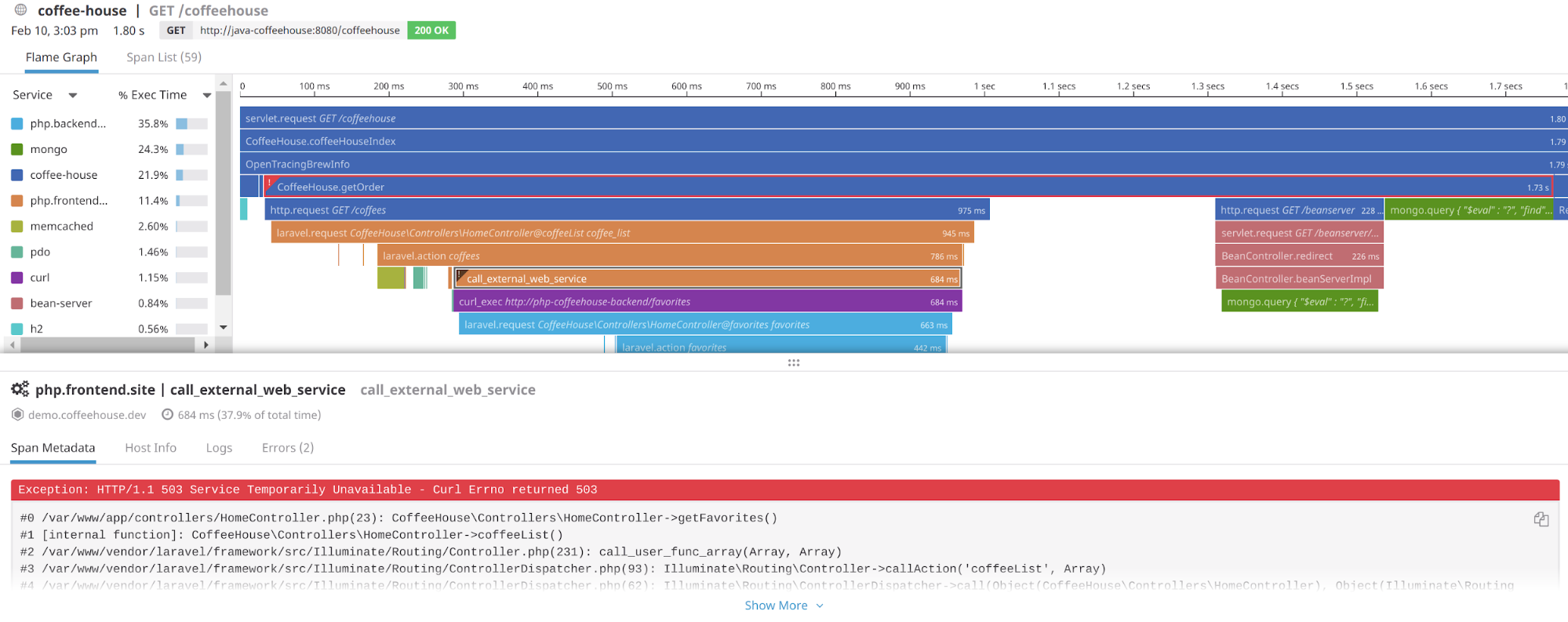 This flame graph highlights a single span whose Span Metadata tab shows an error message and a stack trace.