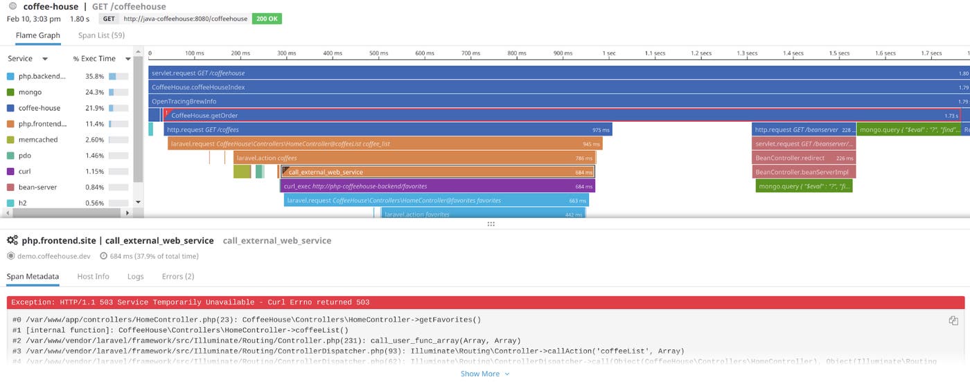 This flame graph highlights a single span whose Span Metadata tab shows an error message and a stack trace. This flame graph highlights a single span whose Span Metadata tab shows an error message and a stack trace.