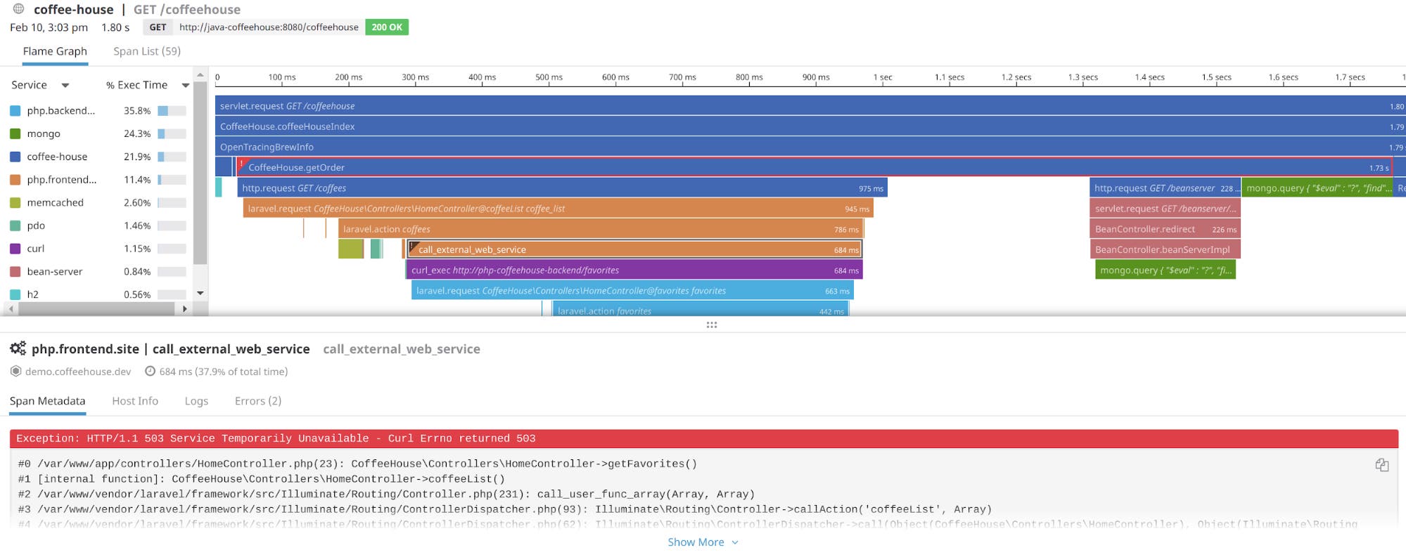 This flame graph highlights a single span whose Span Metadata tab shows an error message and a stack trace. This flame graph highlights a single span whose Span Metadata tab shows an error message and a stack trace.