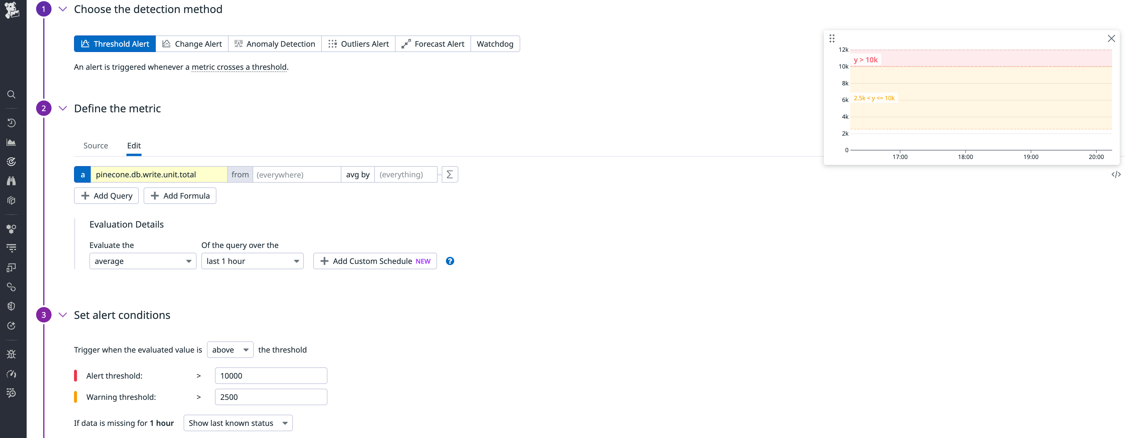 View  of a user creating a monitor for serverless indexes using Datadog's preconfigured monitor template