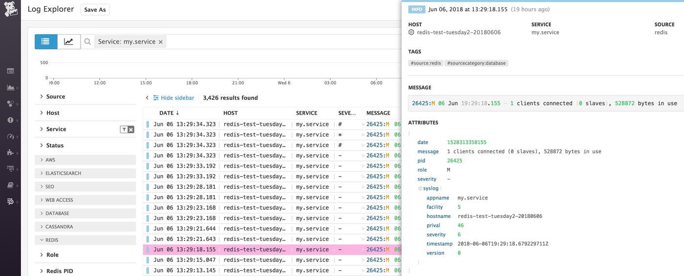 Viewing Redis log info in Datadog Viewing Redis log info in Datadog