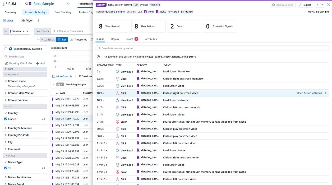 List of user sessions originating from a Roku device List of user sessions originating from a Roku device