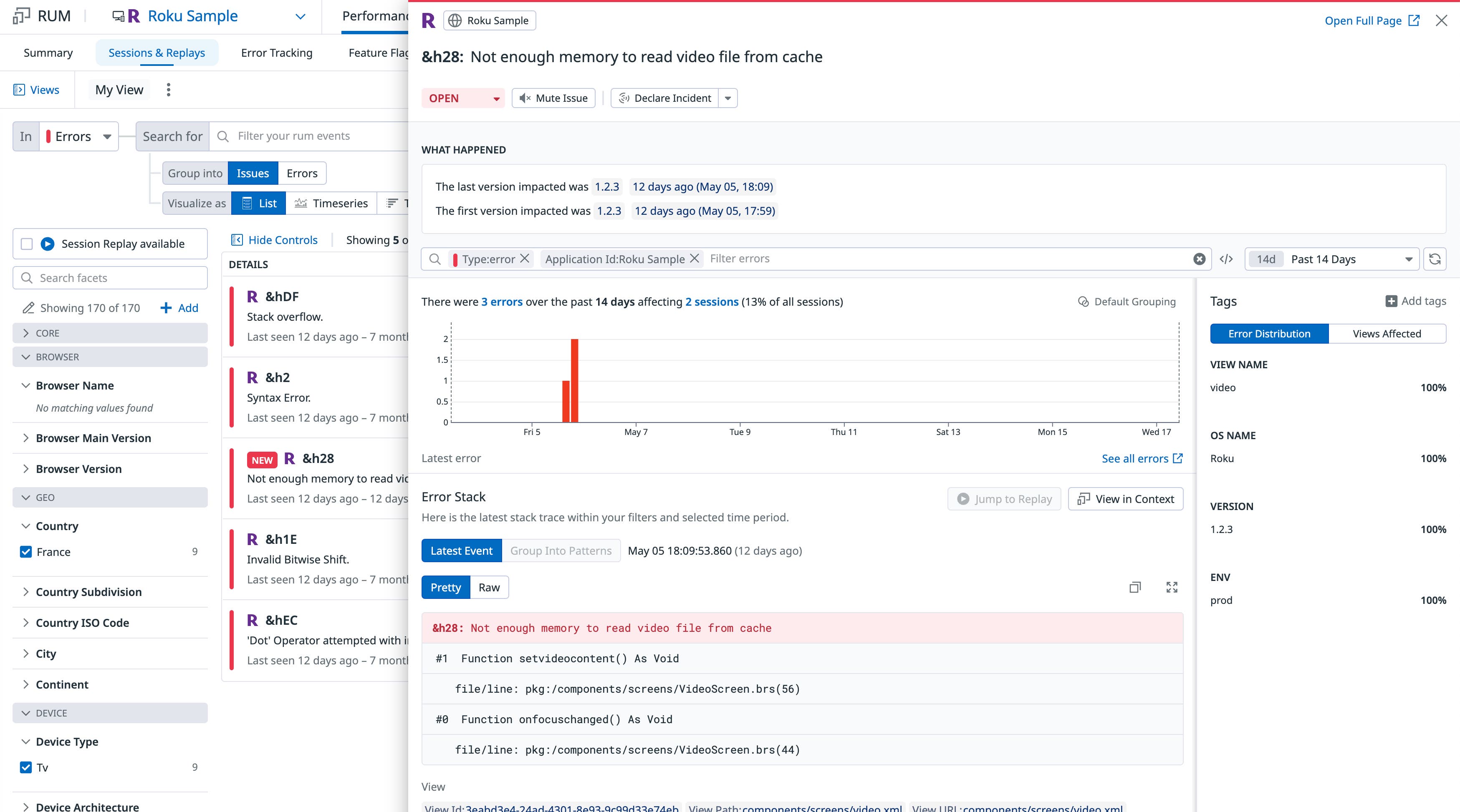 Roku view timeline showing an error Roku view timeline showing an error