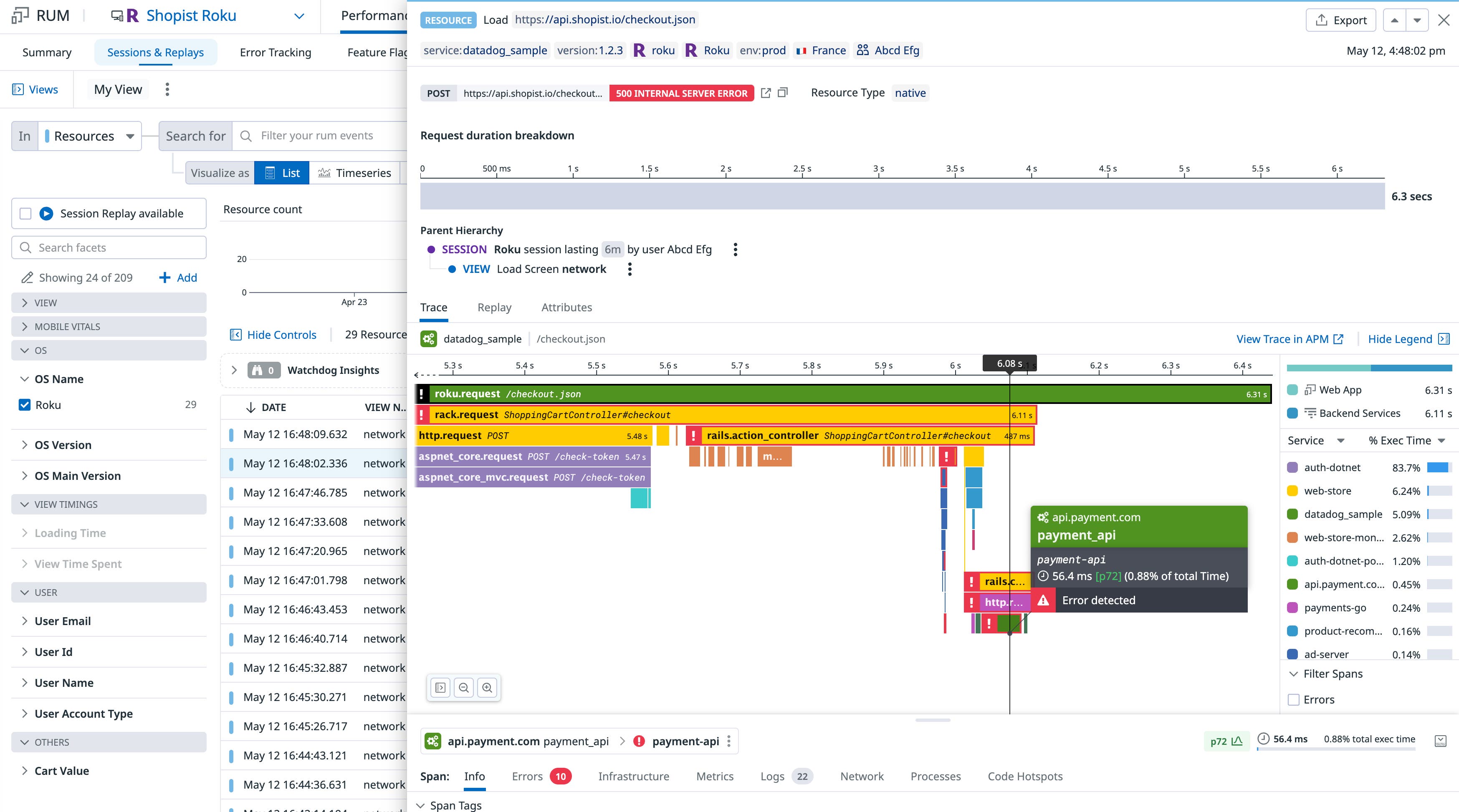 Traces for a Roku view with an error message on one of the requests Traces for a Roku view with an error message on one of the requests