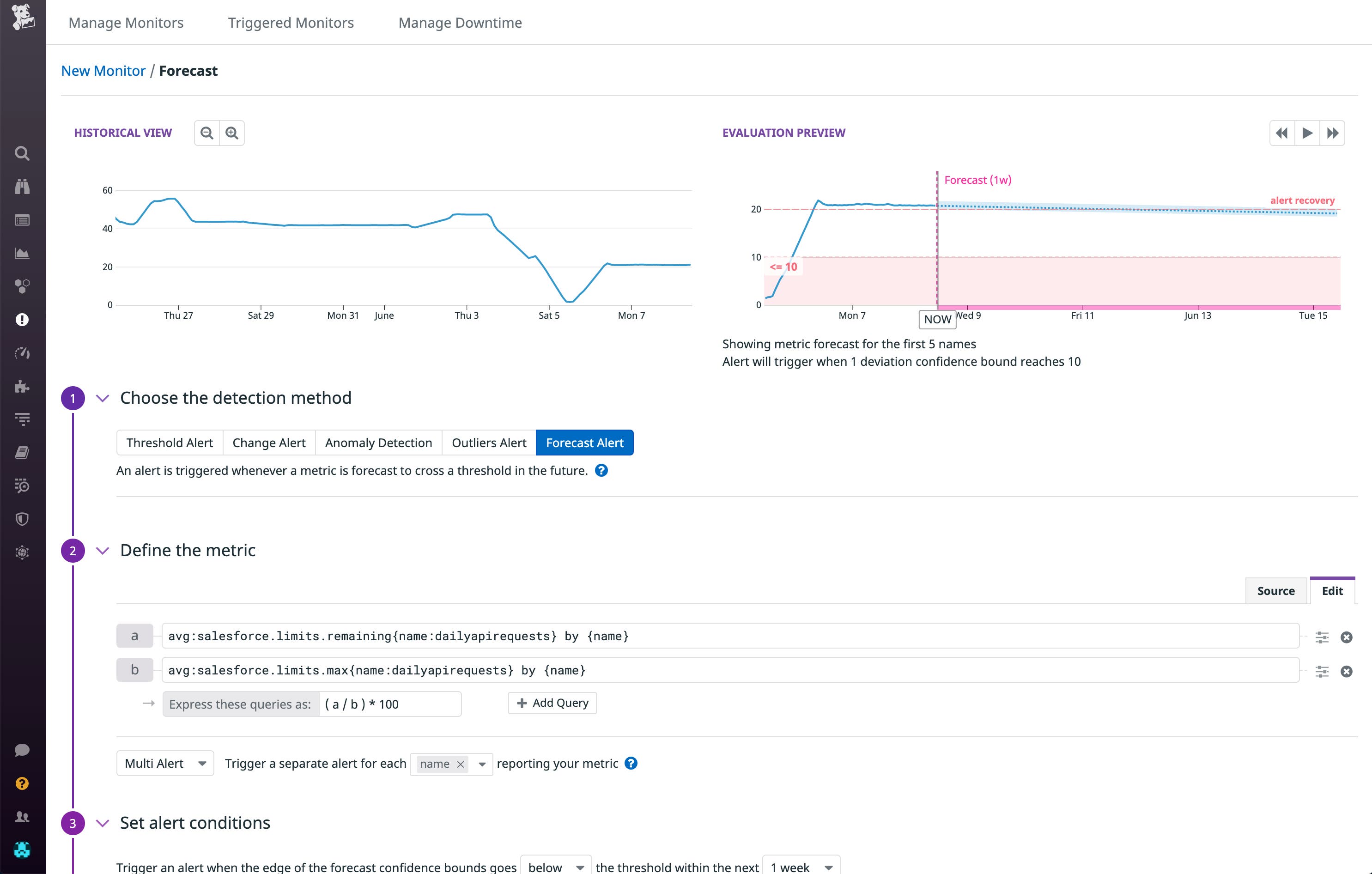 Create a forecast monitor to alert you if you're in danger of approaching API limits. Create a forecast monitor to alert you if you're in danger of approaching API limits.