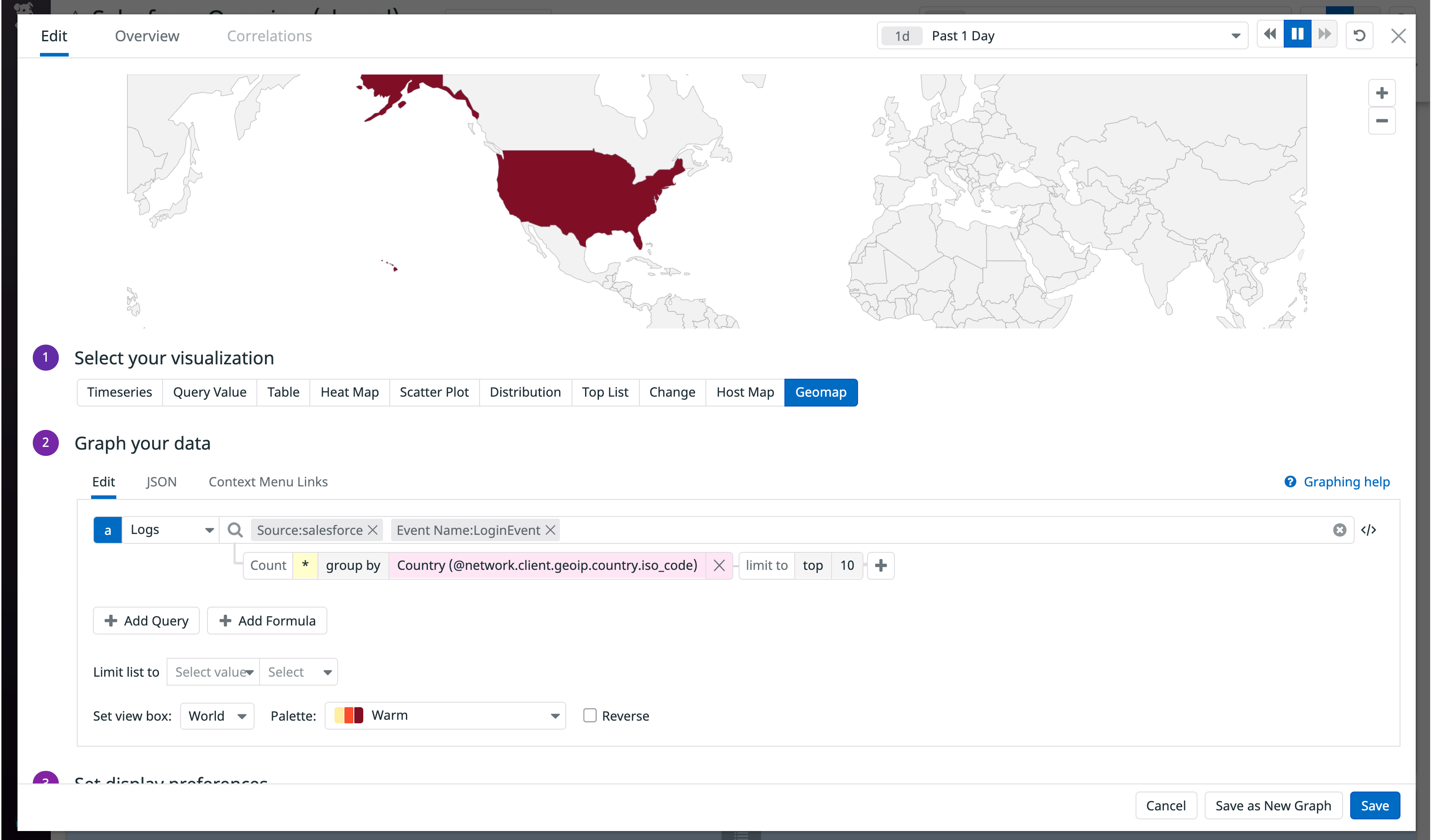 Visualize user logins by country using the geomap widget and grouping logs by country ISO code.