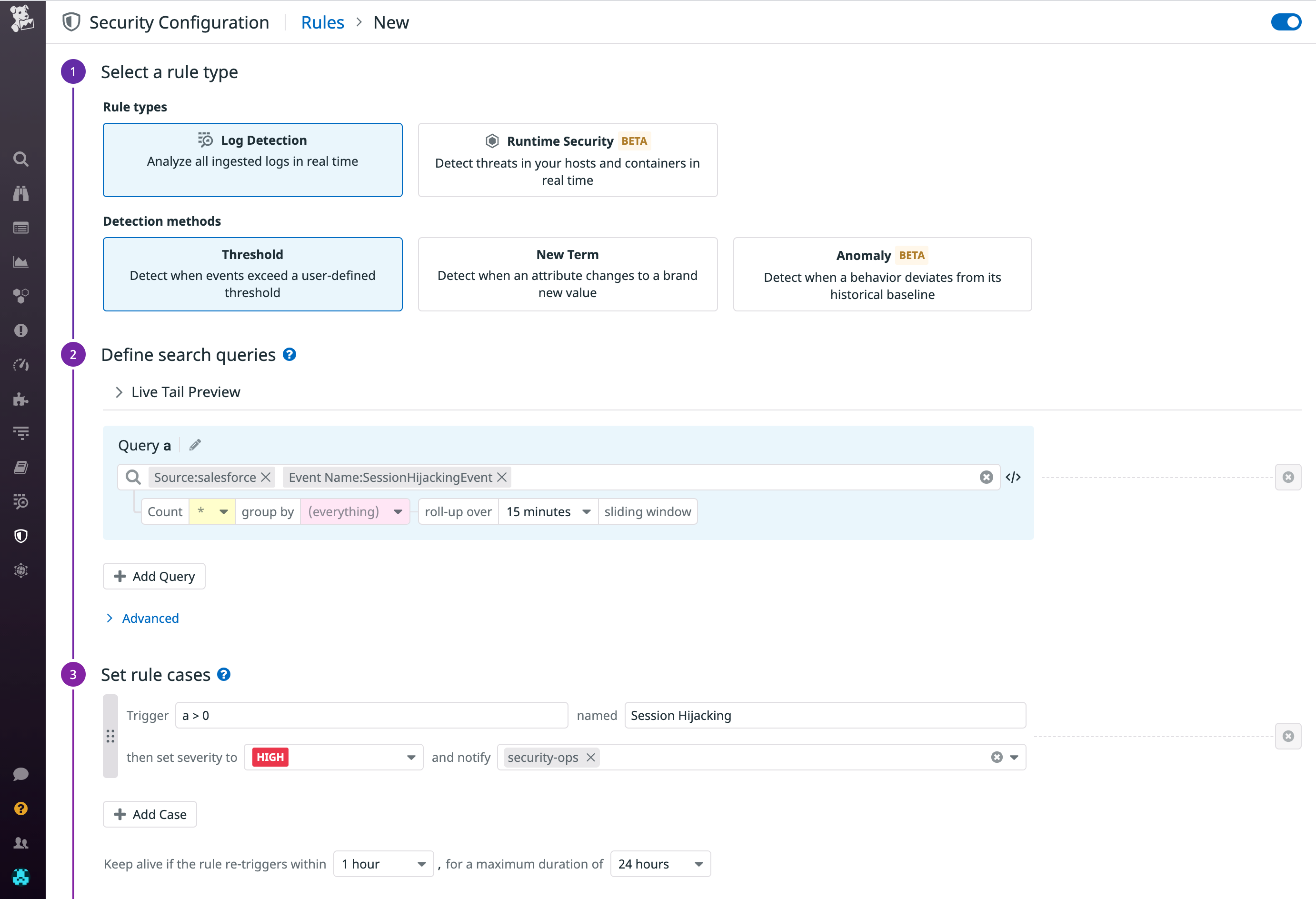 Create a security rule in Datadog to be notified when Salesforce detect a threat to your org.