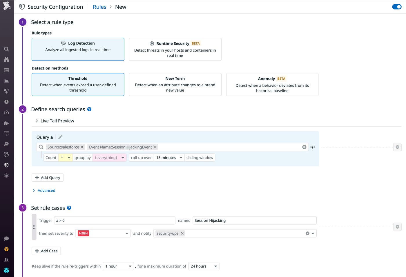 Create a security rule in Datadog to be notified when Salesforce detect a threat to your org. Create a security rule in Datadog to be notified when Salesforce detect a threat to your org.