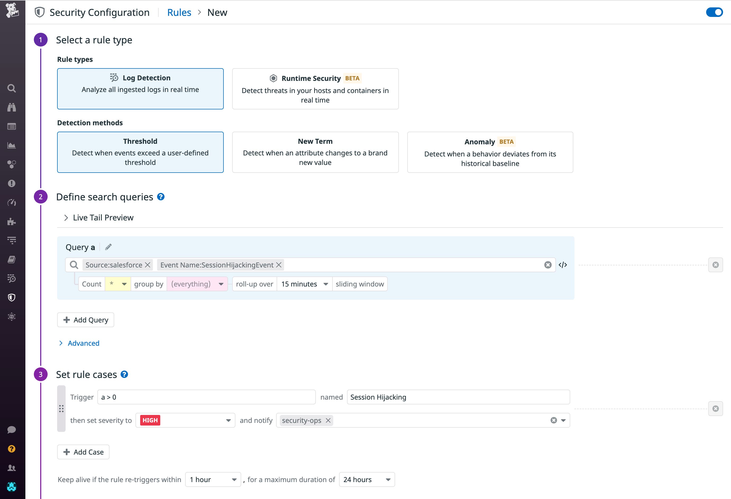 Create a security rule in Datadog to be notified when Salesforce detect a threat to your org. Create a security rule in Datadog to be notified when Salesforce detect a threat to your org.