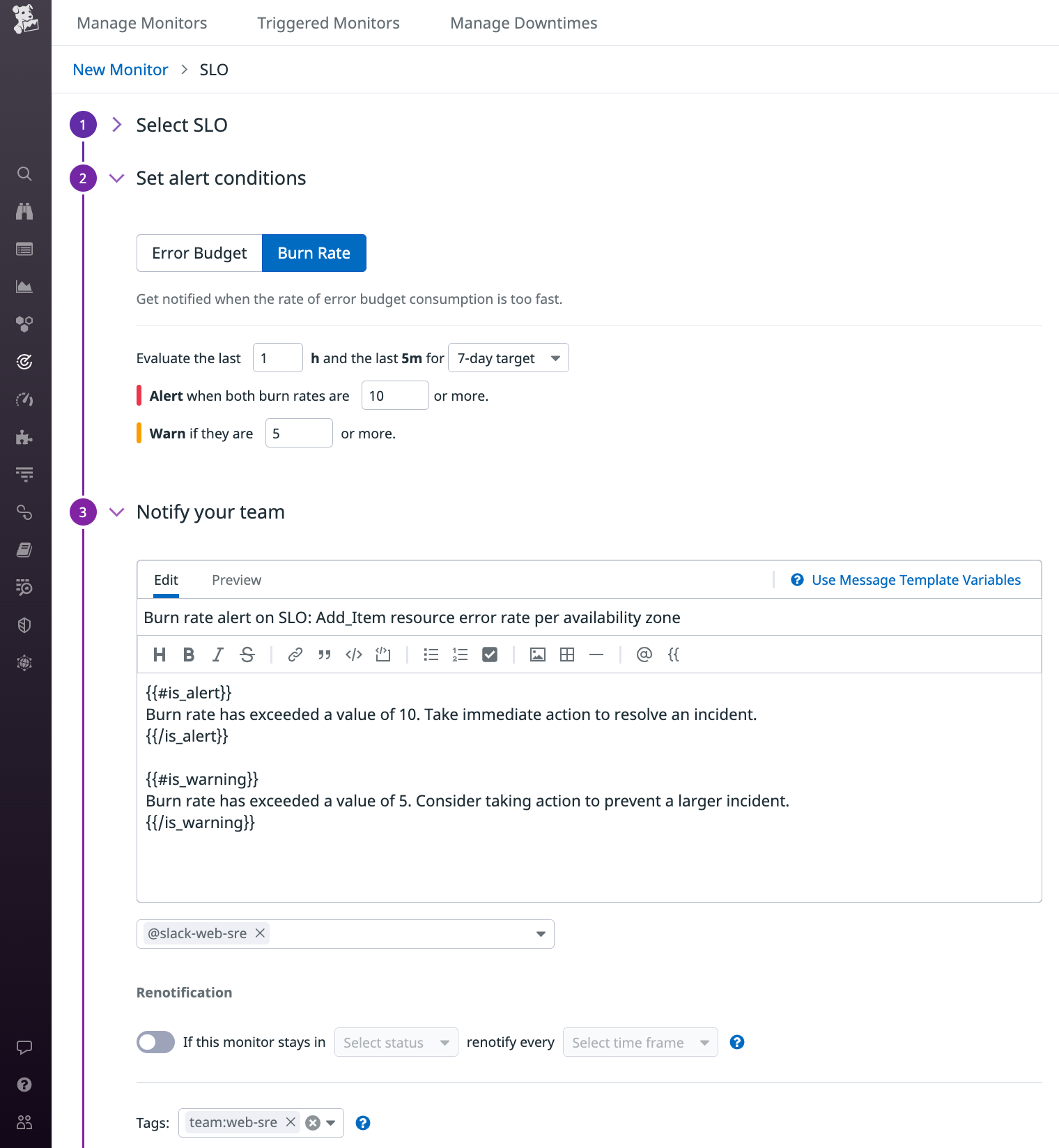 A screenshot shows the form for creating a burn rate alert, which includes fields to specify the threshold, warning, threshold, alerting window size, and the message to be sent when the alert triggers.