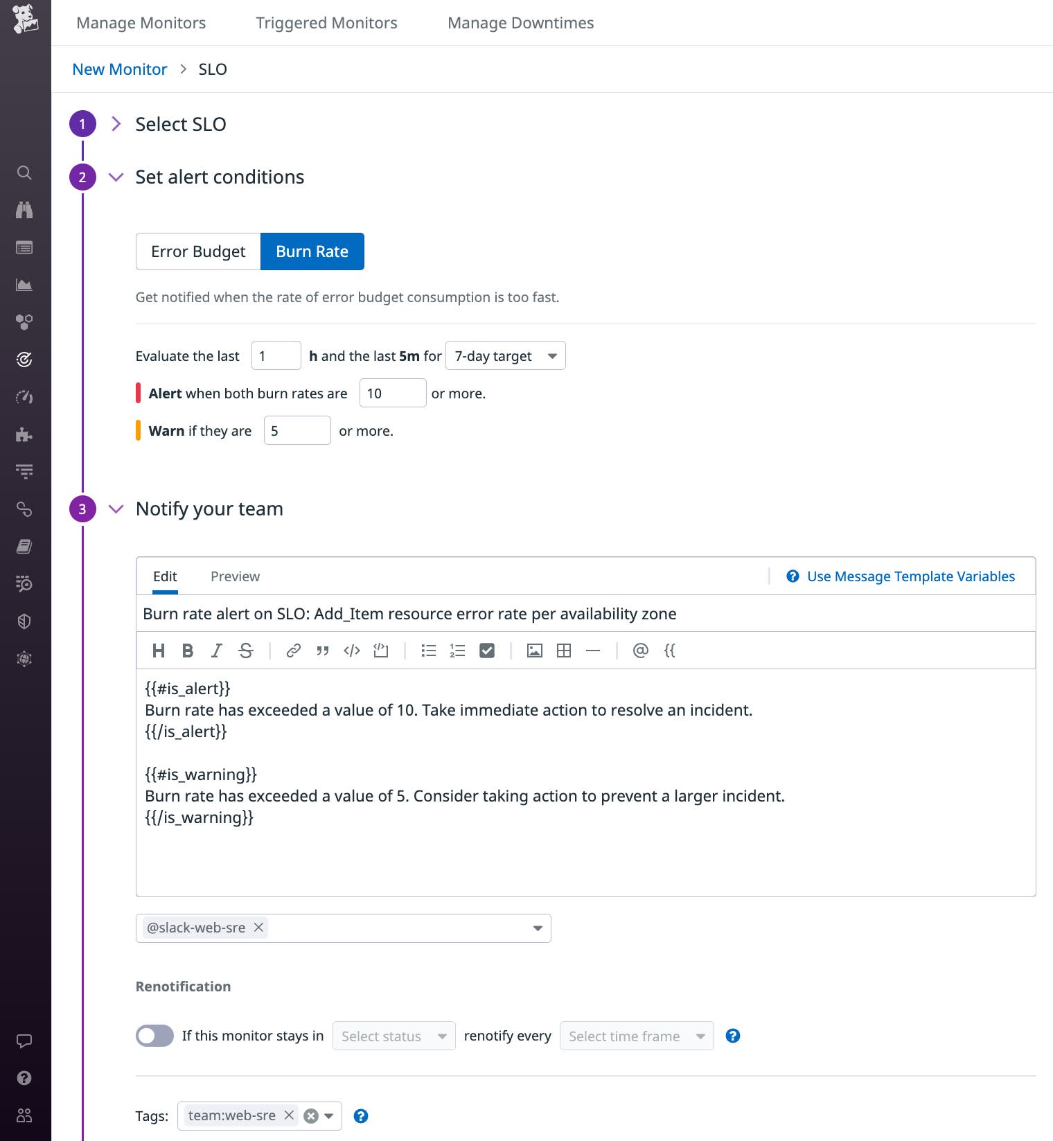 A screenshot shows the form for creating a burn rate alert, which includes fields to specify the threshold, warning, threshold, alerting window size, and the message to be sent when the alert triggers. A screenshot shows the form for creating a burn rate alert, which includes fields to specify the threshold, warning, threshold, alerting window size, and the message to be sent when the alert triggers.