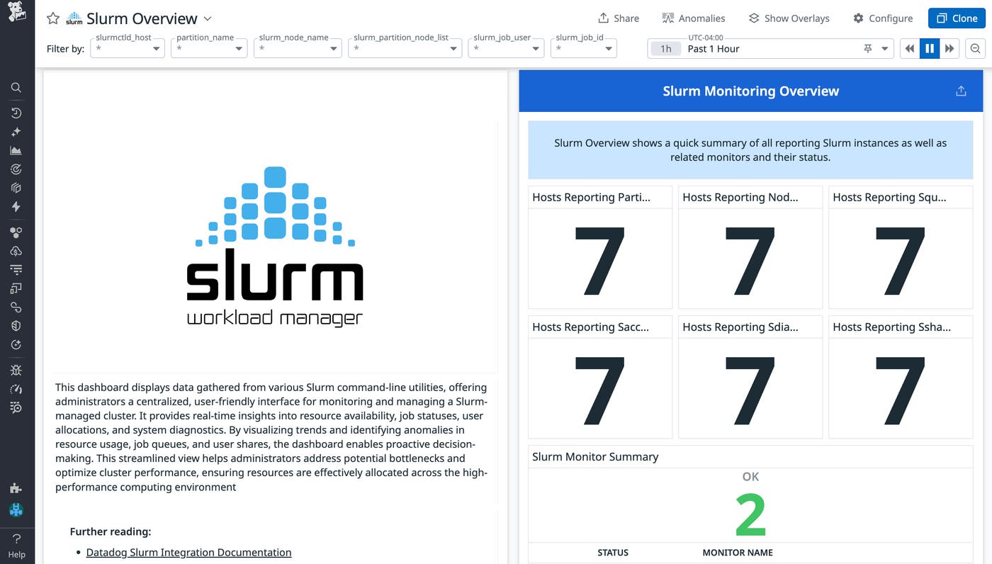 Install the integration for out-of-the-box access to our Slurm Overview dashboard. Install the integration for out-of-the-box access to our Slurm Overview dashboard.