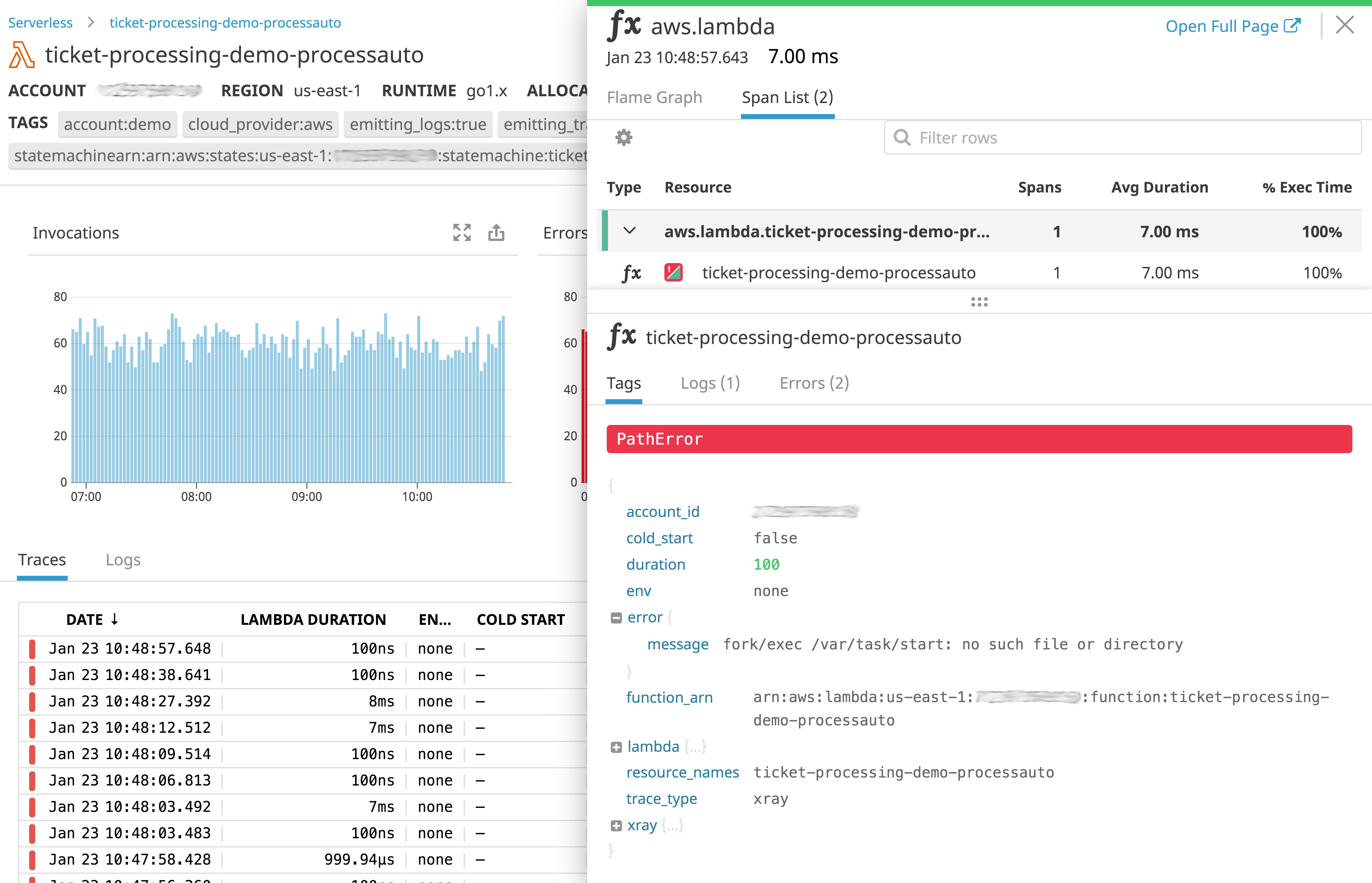 Use the Datadog Serverless view to see error messages collected using distributed tracing and APM.
