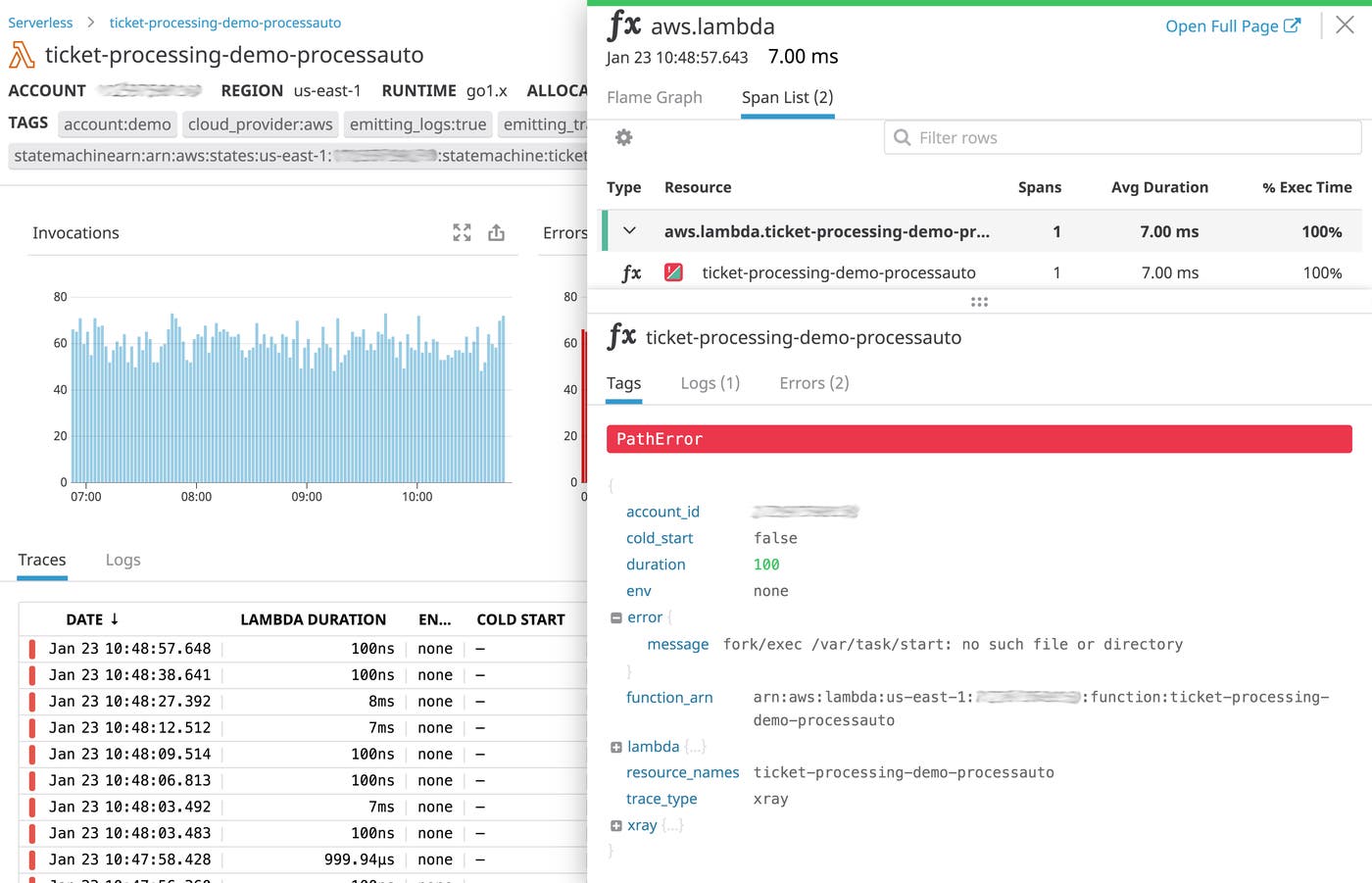 Use the Datadog Serverless view to see error messages collected using distributed tracing and APM. Use the Datadog Serverless view to see error messages collected using distributed tracing and APM.