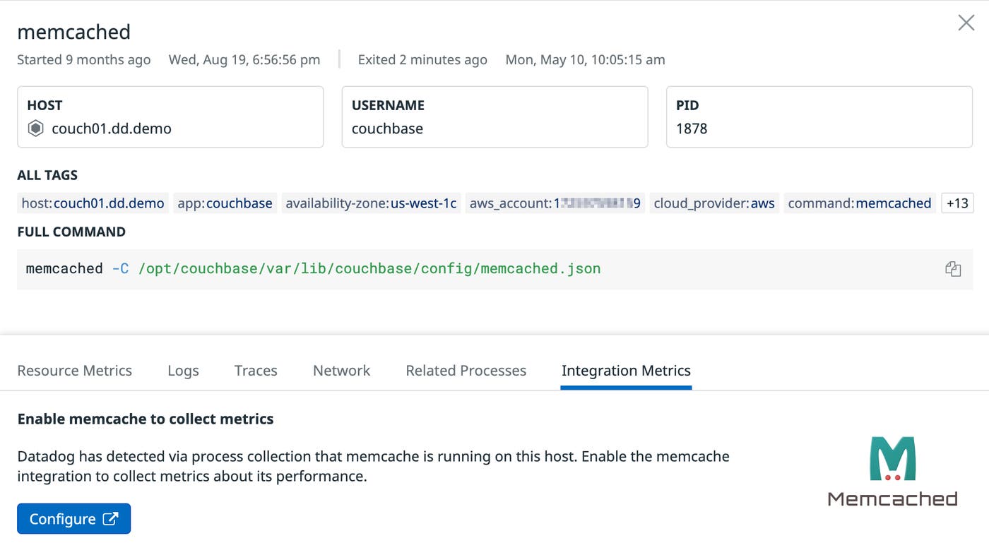 The Live Processes page notes that Datadog has detected Memcached running on a server, but it's not enabled for monitoring by Datadog. The Live Processes page notes that Datadog has detected Memcached running on a server, but it's not enabled for monitoring by Datadog.