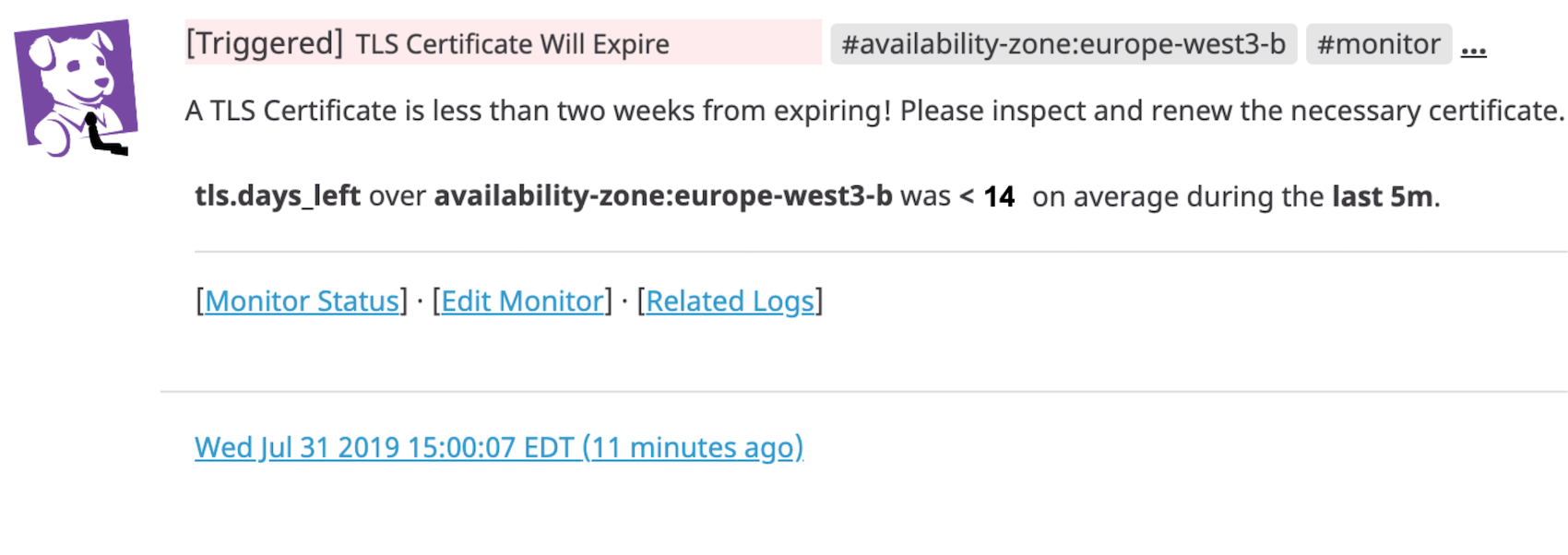 Alerts notify you when your TLS certificates are about to expire