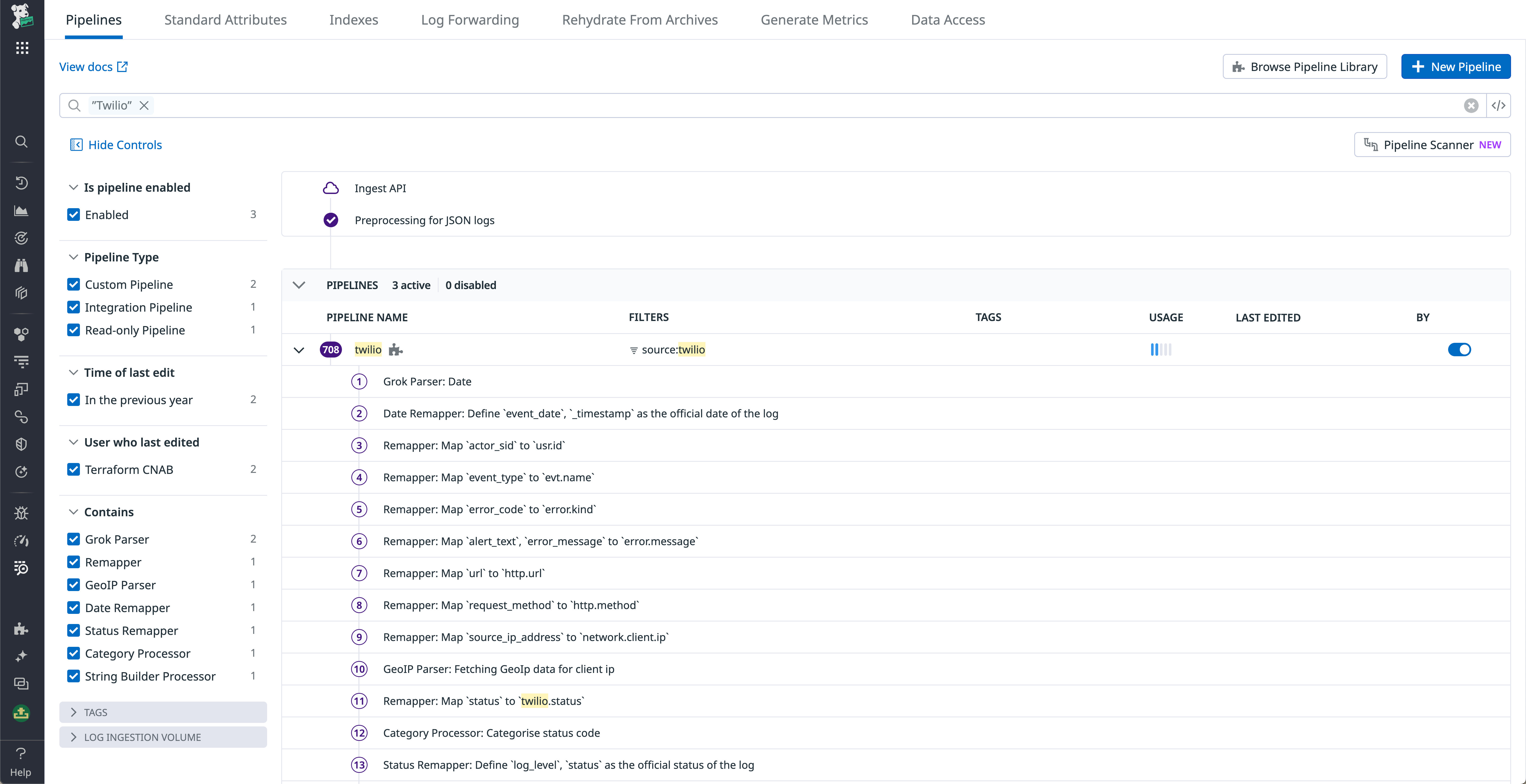 The out-of-the-box Twilio log processing pipeline