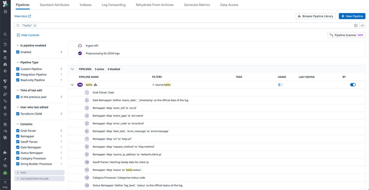 The out-of-the-box Twilio log processing pipeline The out-of-the-box Twilio log processing pipeline