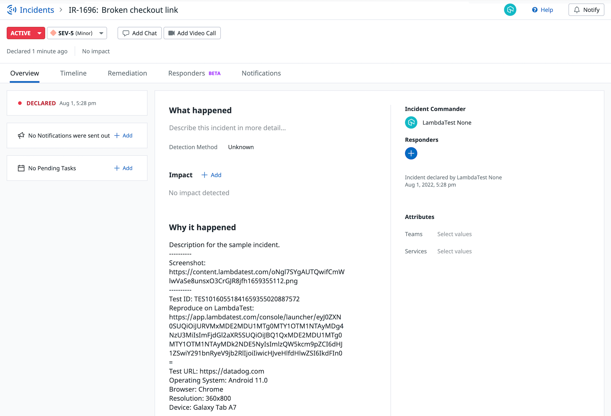 View your LambdaTest bugs in Datadog Incident Management.
