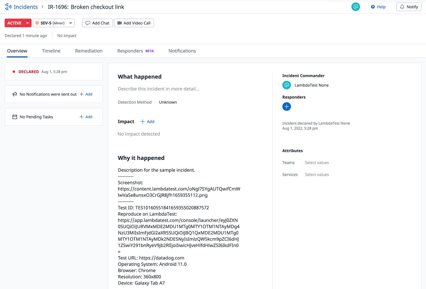 View your LambdaTest bugs in Datadog Incident Management. View your LambdaTest bugs in Datadog Incident Management.