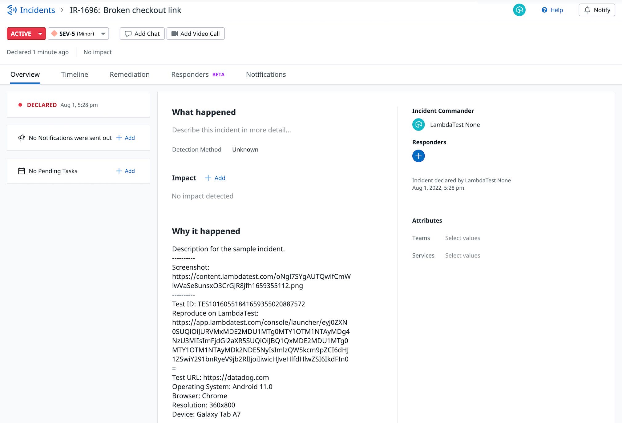 View your LambdaTest bugs in Datadog Incident Management. View your LambdaTest bugs in Datadog Incident Management.
