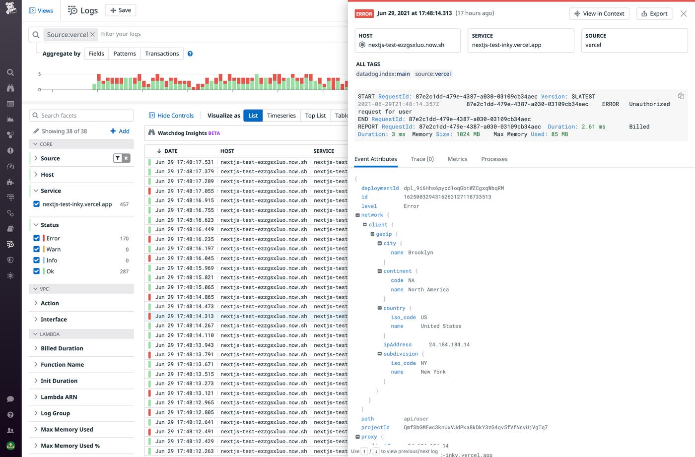 View all the attributes for a log event in the Log Explorer sidepanel. View all the attributes for a log event in the Log Explorer sidepanel.