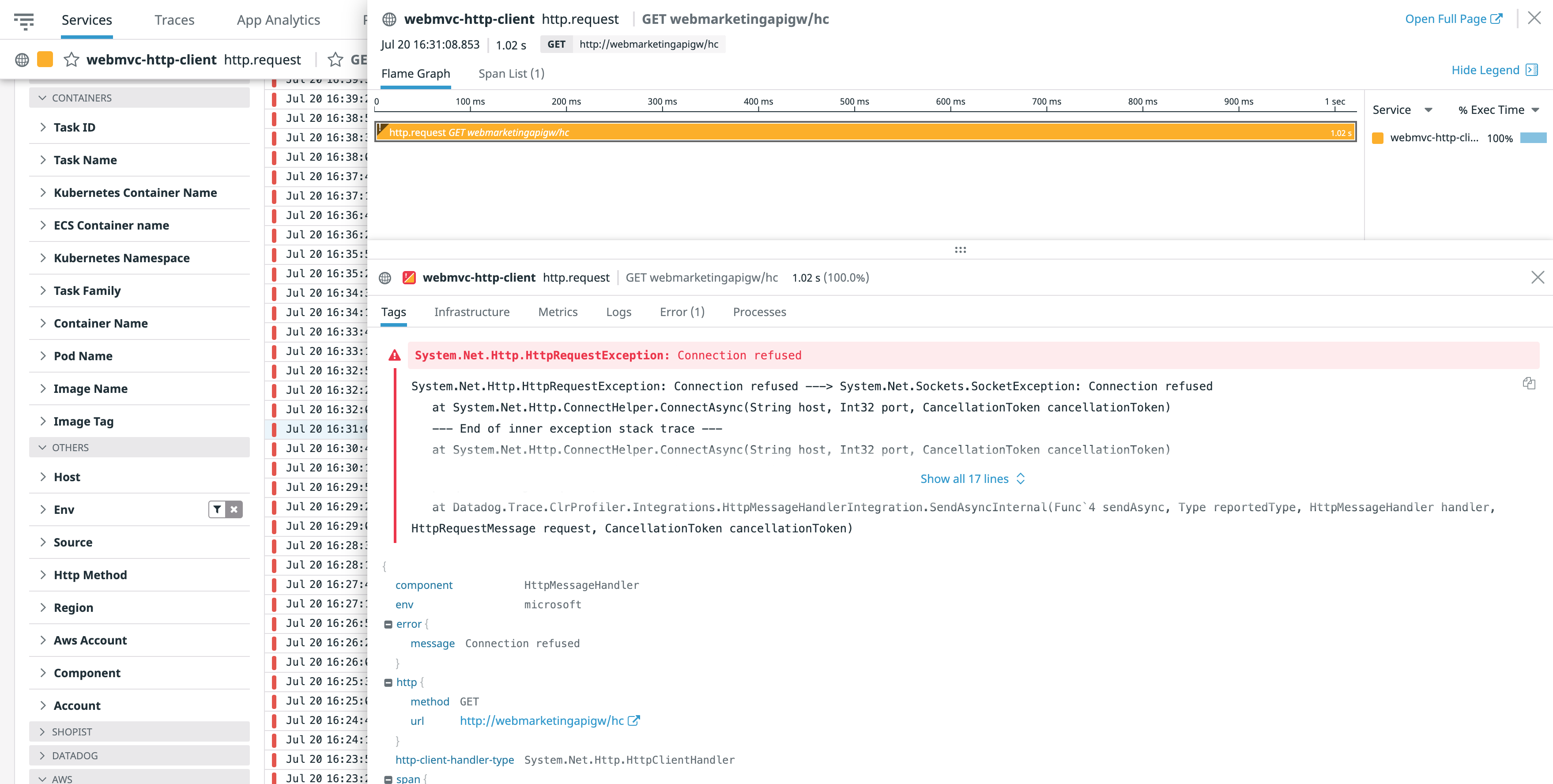 .NET アプリケーションに対して行われたリクエストのフレームグラフの例
