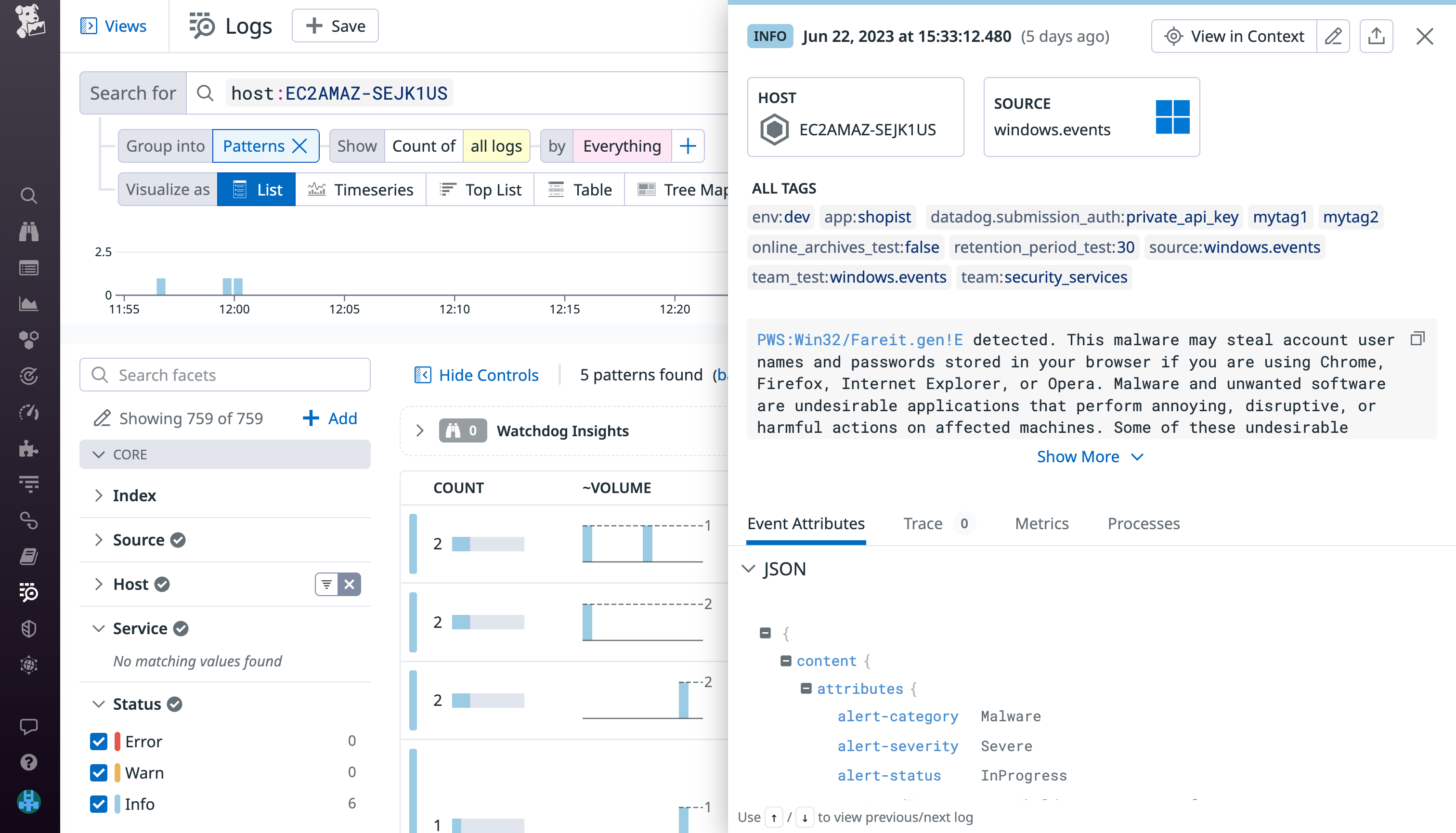Monitor Windows Defender Antivirus events in Datadog Log Management.