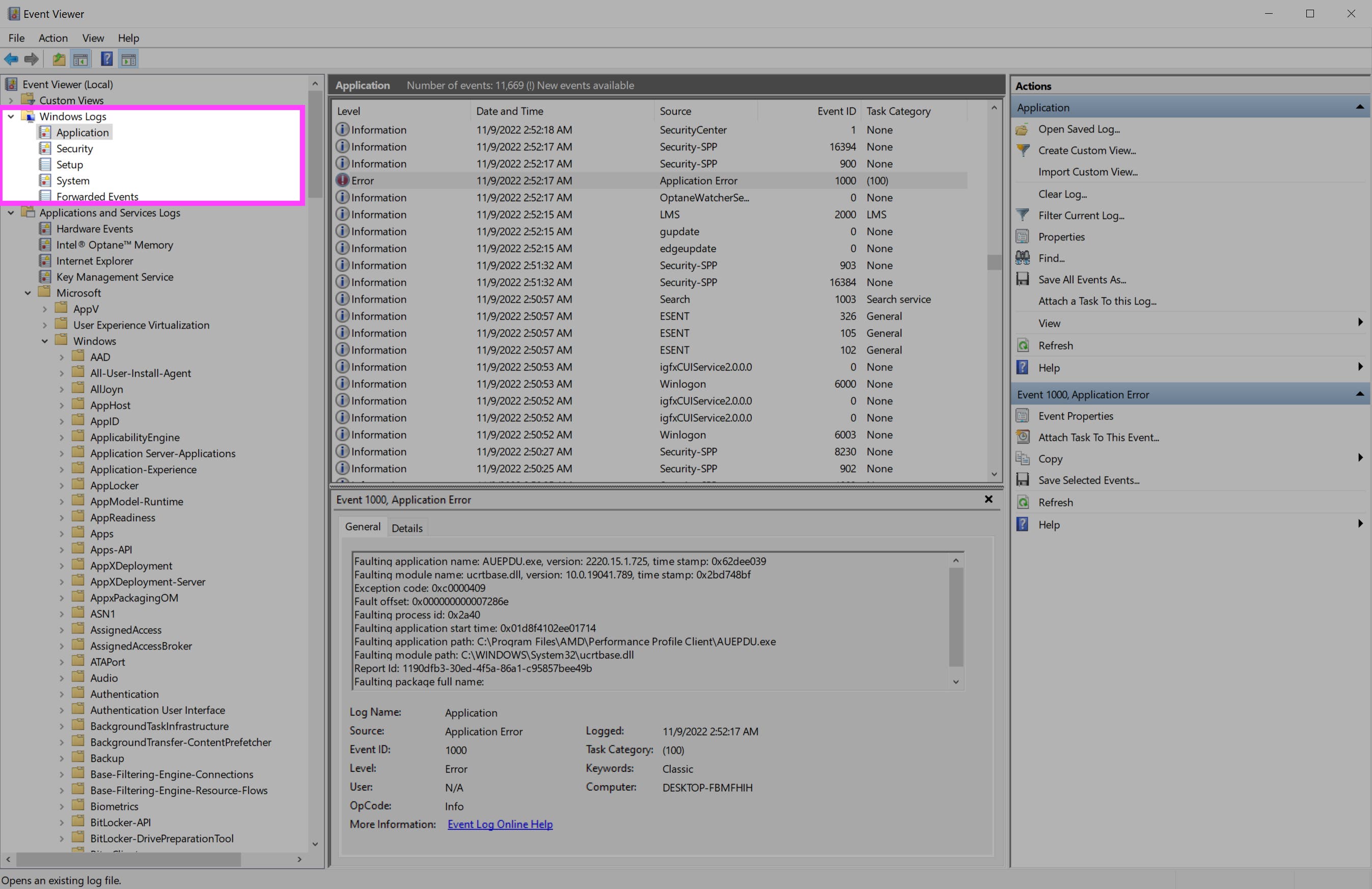 View your different channels in the Windows Event Viewer. View your different channels in the Windows Event Viewer.