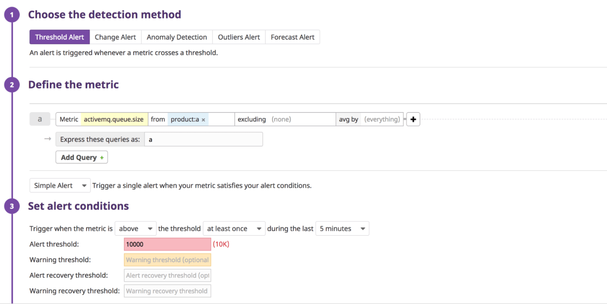 Screenshot showing the controls you use to create a new alert.
